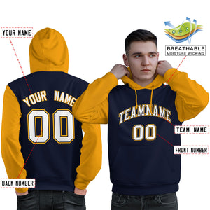 Custom Navy White-Gold Raglan Sleeves Pullover Personalized Sweatshirt Hoodie