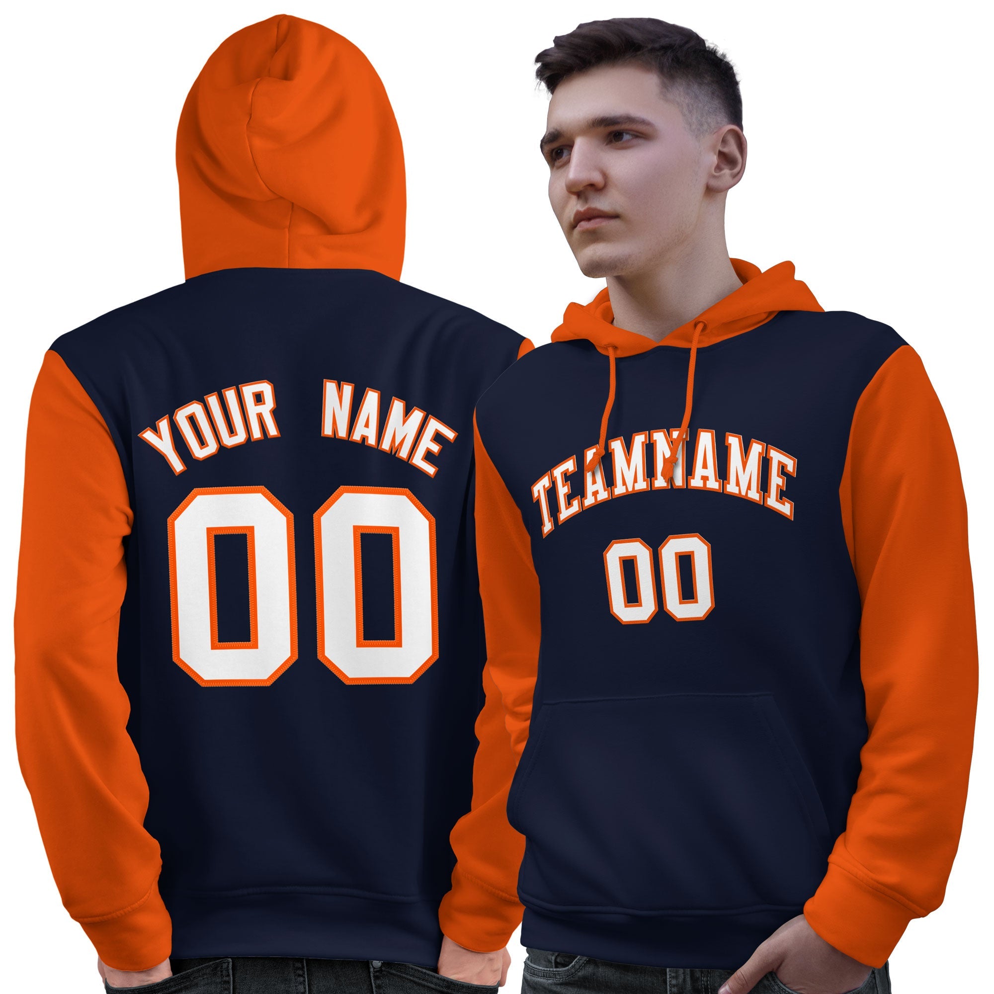 Custom Navy White-Orange Raglan Sleeves Pullover Personalized Sweatshirt Hoodie