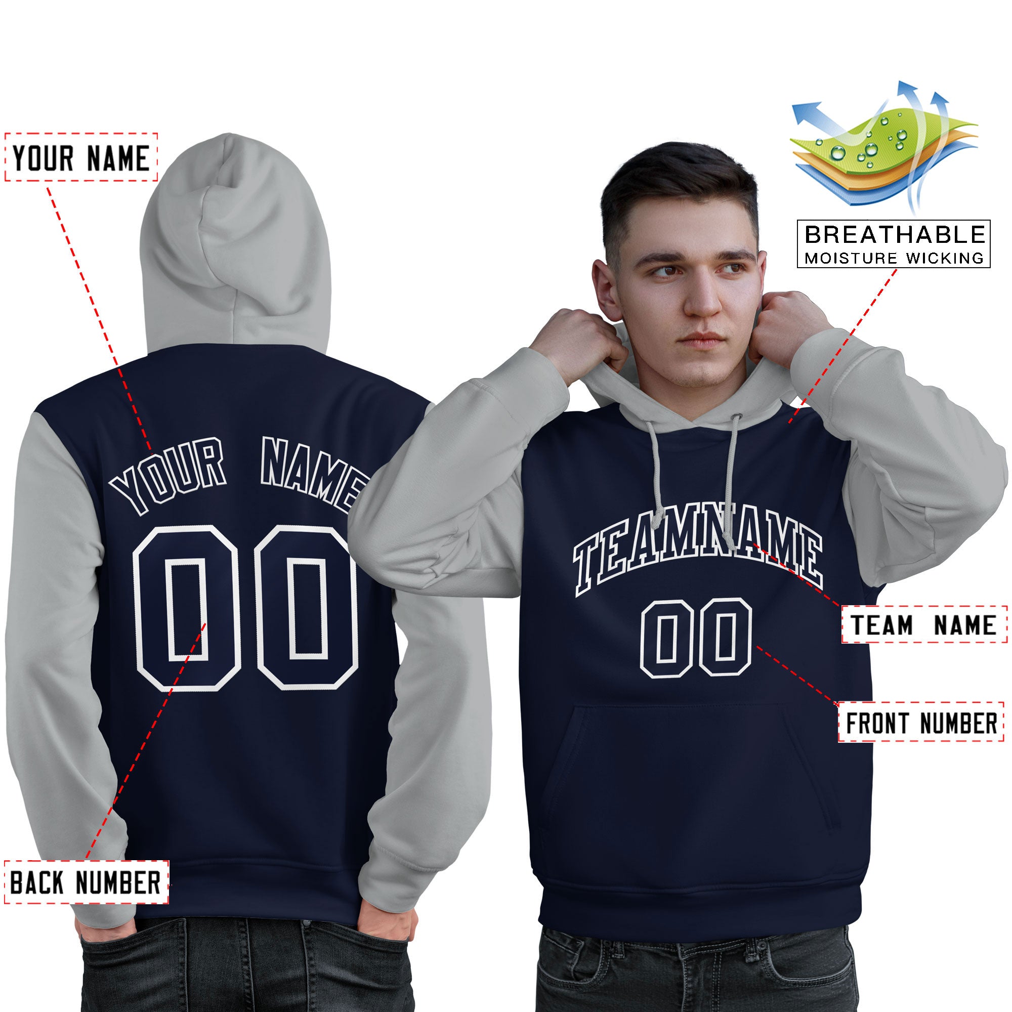 Custom Navy White-Gray Raglan Sleeves Pullover Personalized Sweatshirt Hoodie