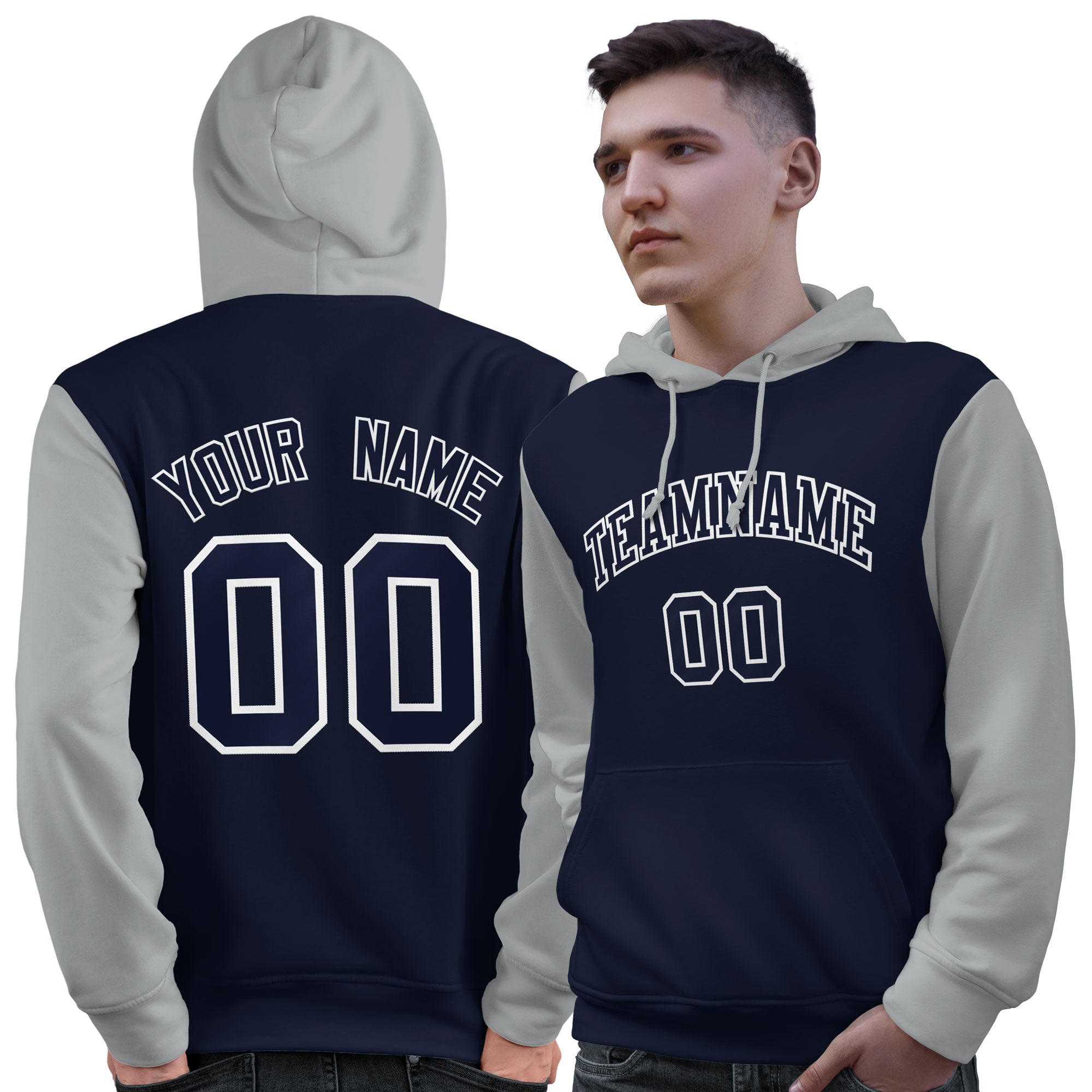 Custom Navy White-Gray Raglan Sleeves Pullover Personalized Sweatshirt Hoodie