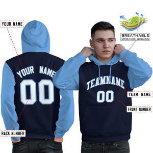 Custom Navy White-Light Blue Raglan Sleeves Pullover Personalized Sweatshirt Hoodie