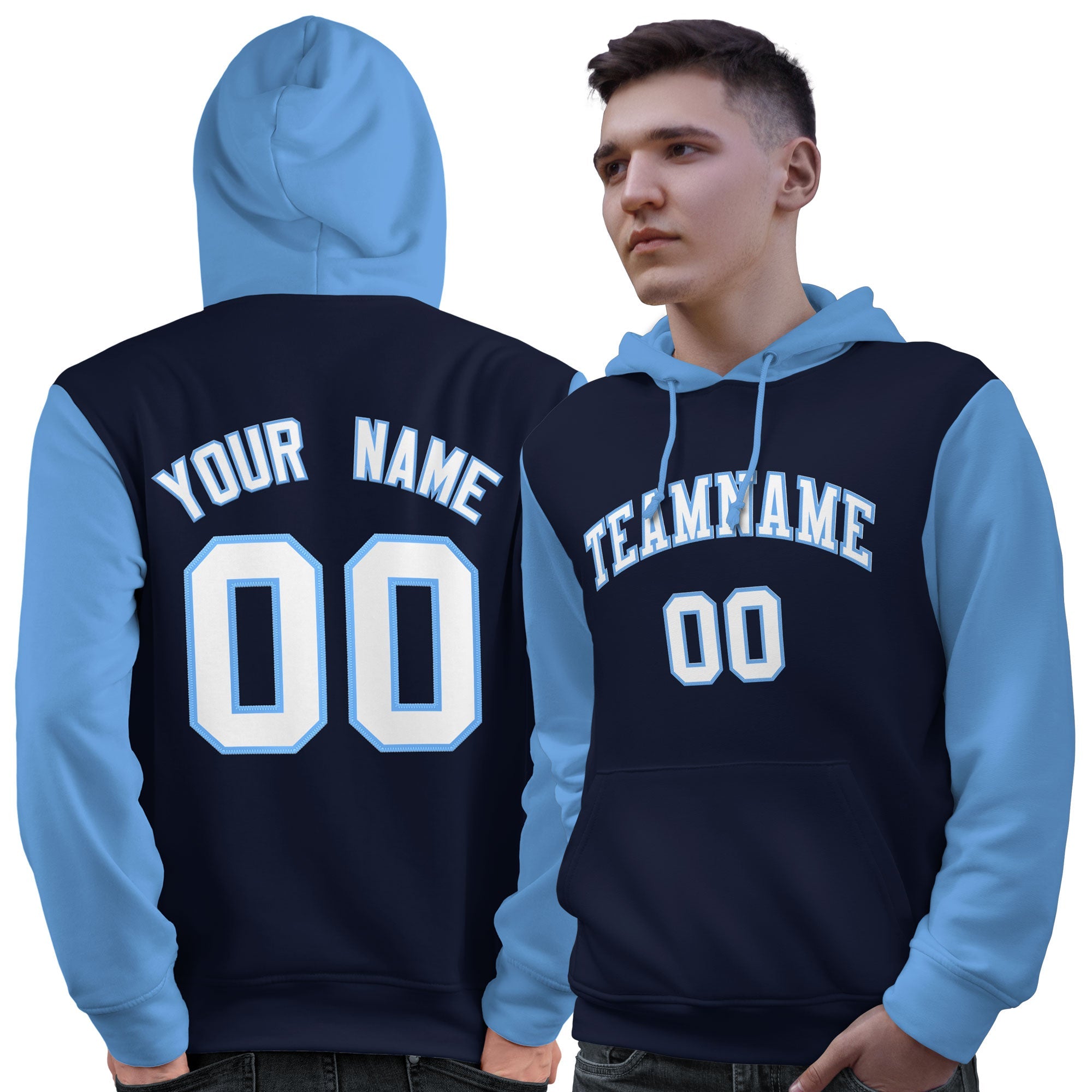 Custom Navy White-Light Blue Raglan Sleeves Pullover Personalized Sweatshirt Hoodie