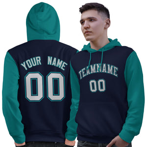 Custom Navy Gray-Aqua Raglan Sleeves Pullover Personalized Sweatshirt Hoodie