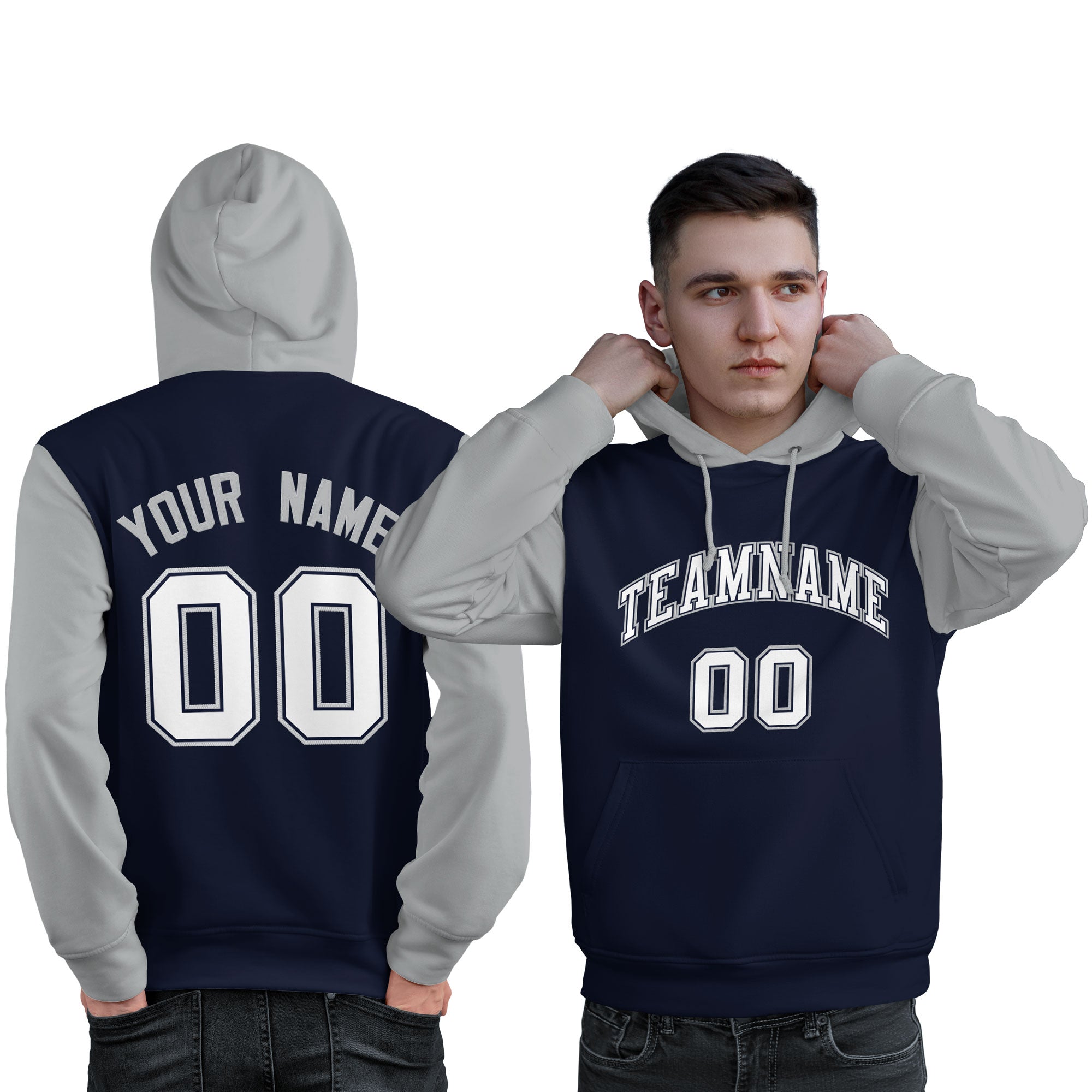 Custom Navy White-Gray Raglan Sleeves Pullover Personalized Sweatshirt Hoodie