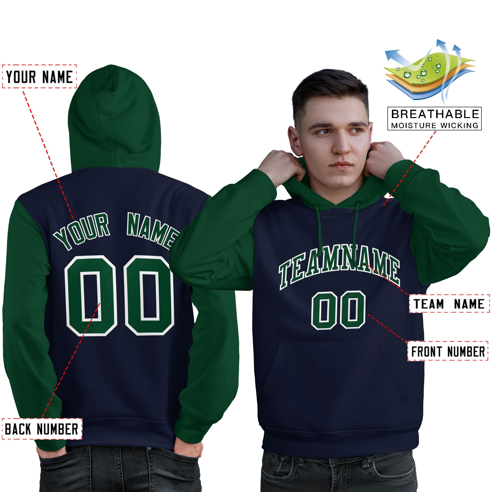 Custom Navy Green-White Raglan Sleeves Pullover Personalized Sweatshirt Hoodie