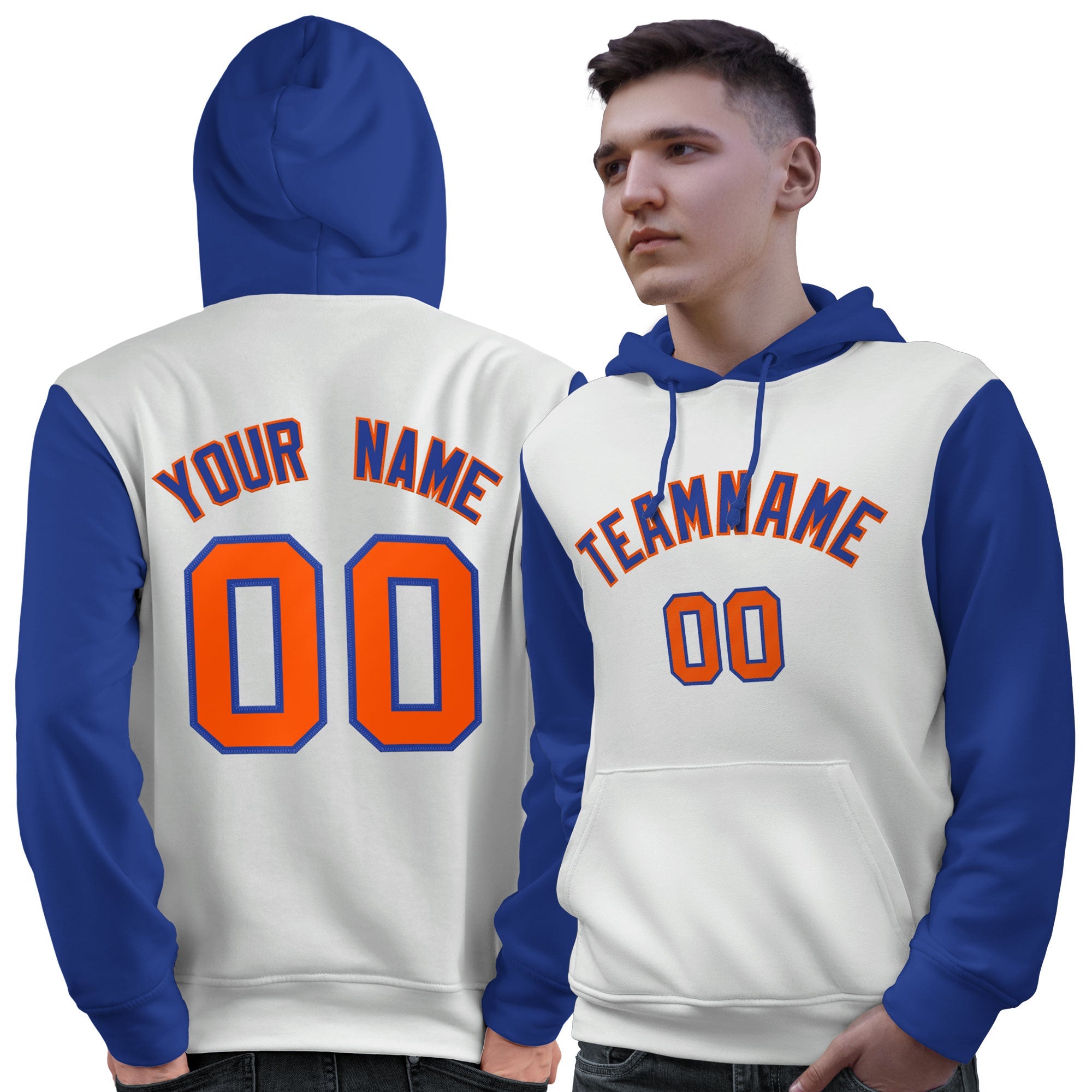 Custom White Royal-Orange Raglan Sleeves Pullover Personalized Sweatshirt Hoodie