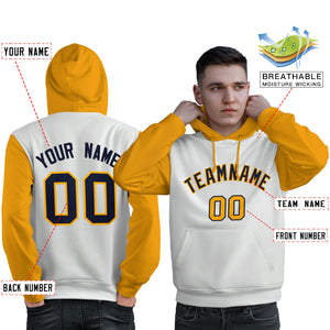 Custom White Navy-Gold Raglan Sleeves Pullover Personalized Sweatshirt Hoodie