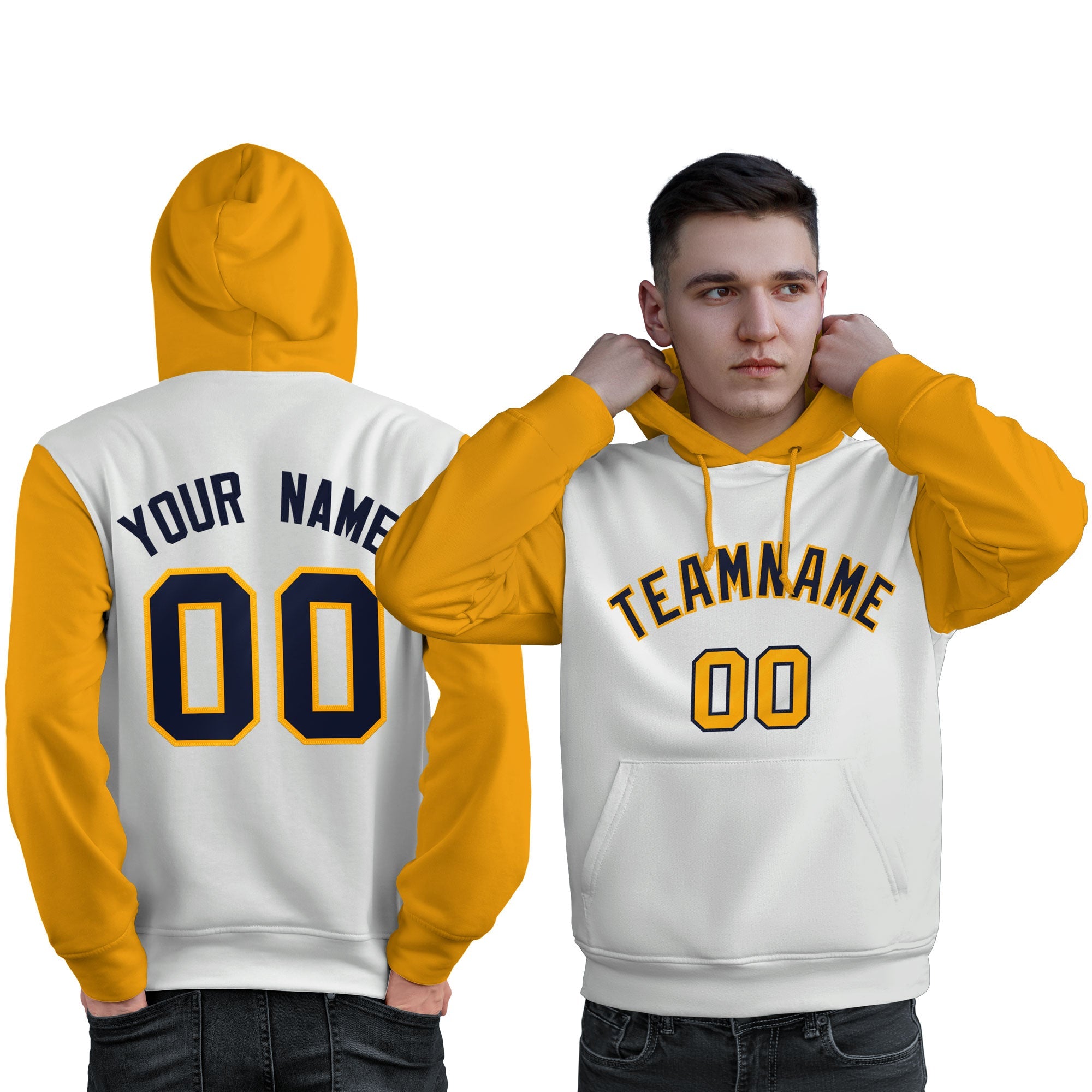 Custom White Navy-Gold Raglan Sleeves Pullover Personalized Sweatshirt Hoodie