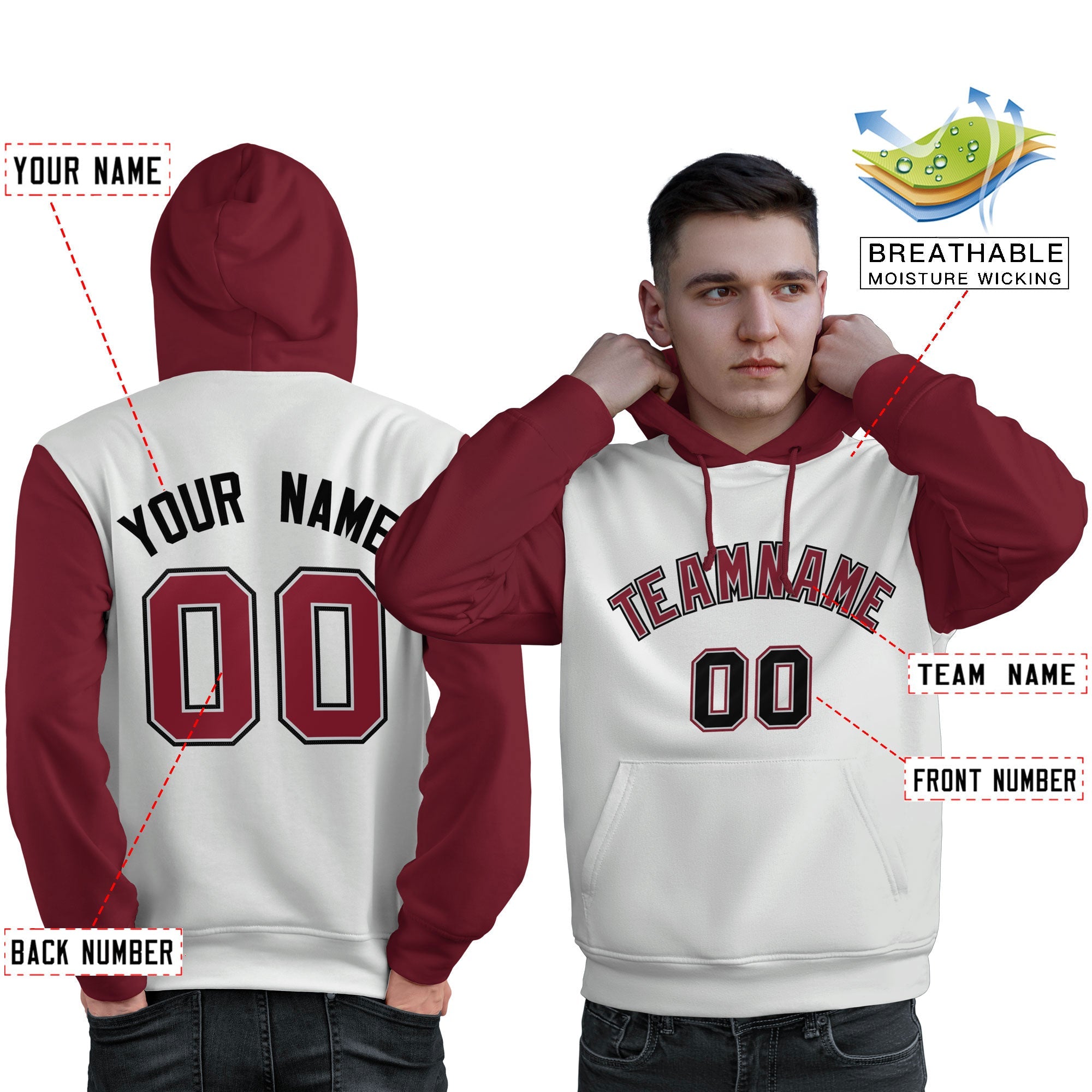 Custom White Crimson-Black Raglan Sleeves Pullover Personalized Sweatshirt Hoodie