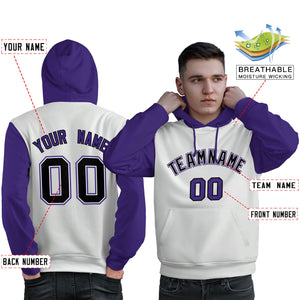 Custom White Black-Purple Raglan Sleeves Pullover Personalized Sweatshirt Hoodie