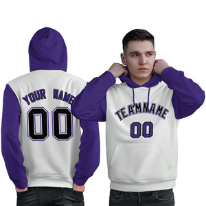 Custom White Black-Purple Raglan Sleeves Pullover Personalized Sweatshirt Hoodie