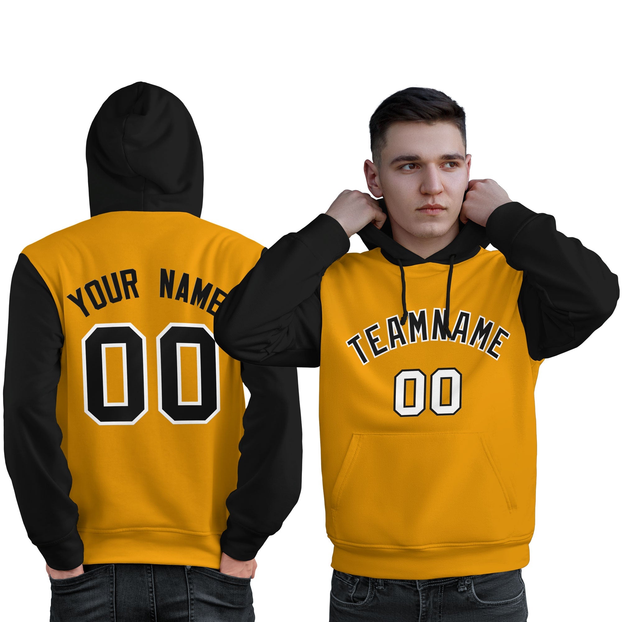 Custom Gold Black-White Raglan Sleeves Pullover Personalized Sweatshirt Hoodie