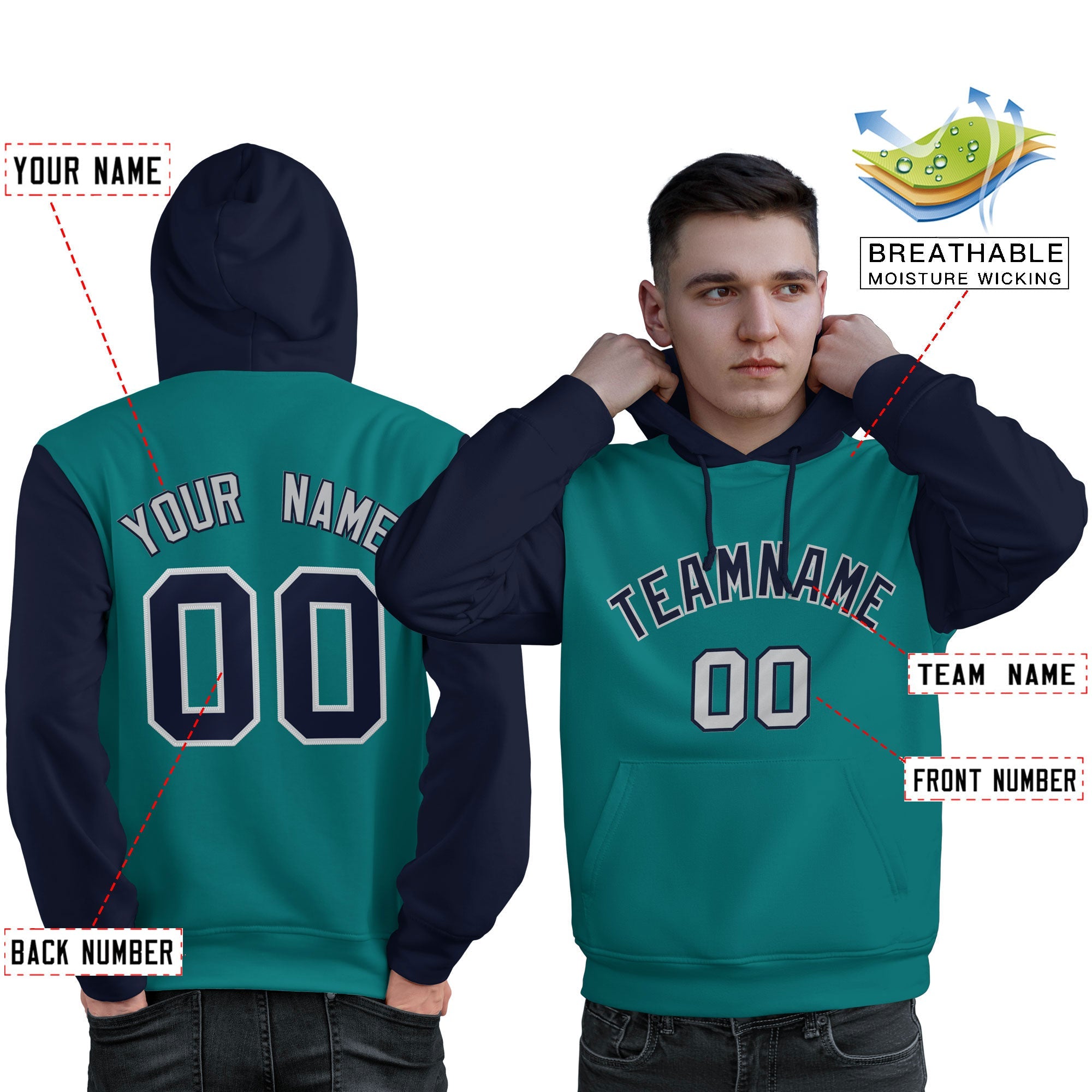 Custom Aqua Navy-Gray Raglan Sleeves Pullover Personalized Sweatshirt Hoodie