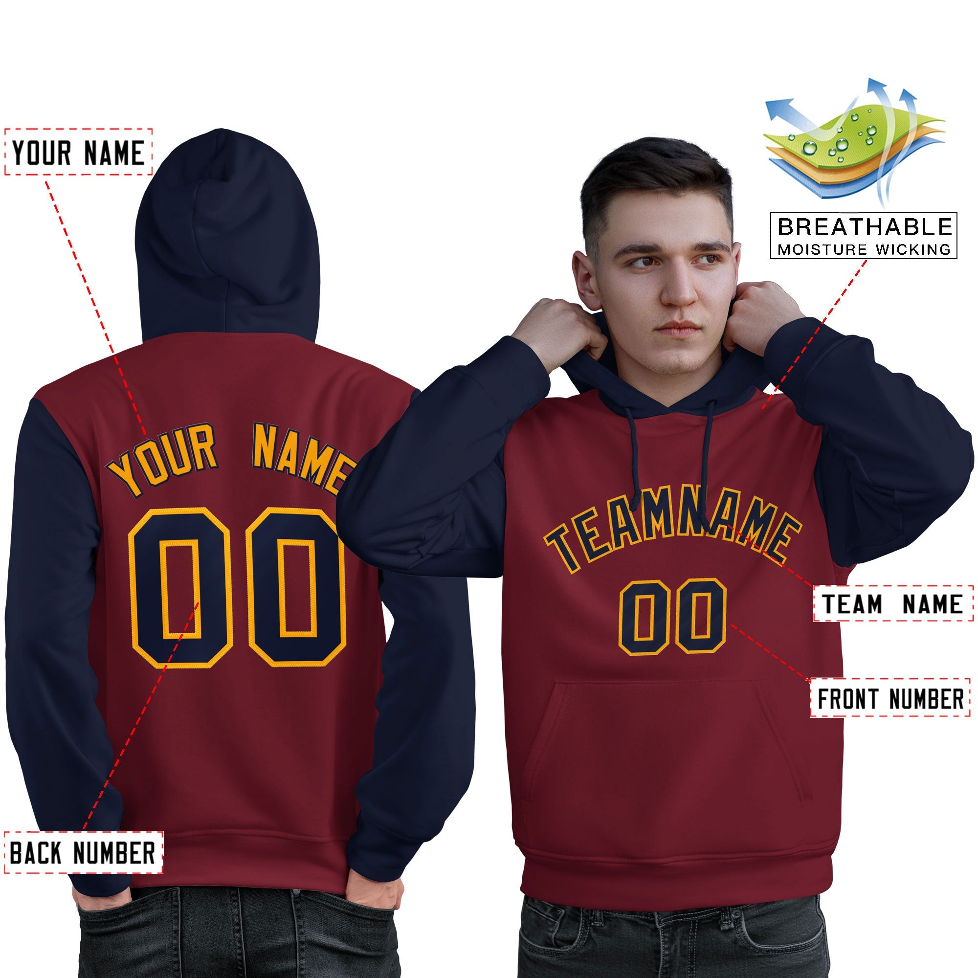 Custom Crimson Navy-Gold Raglan Sleeves Pullover Personalized Sweatshirt Hoodie