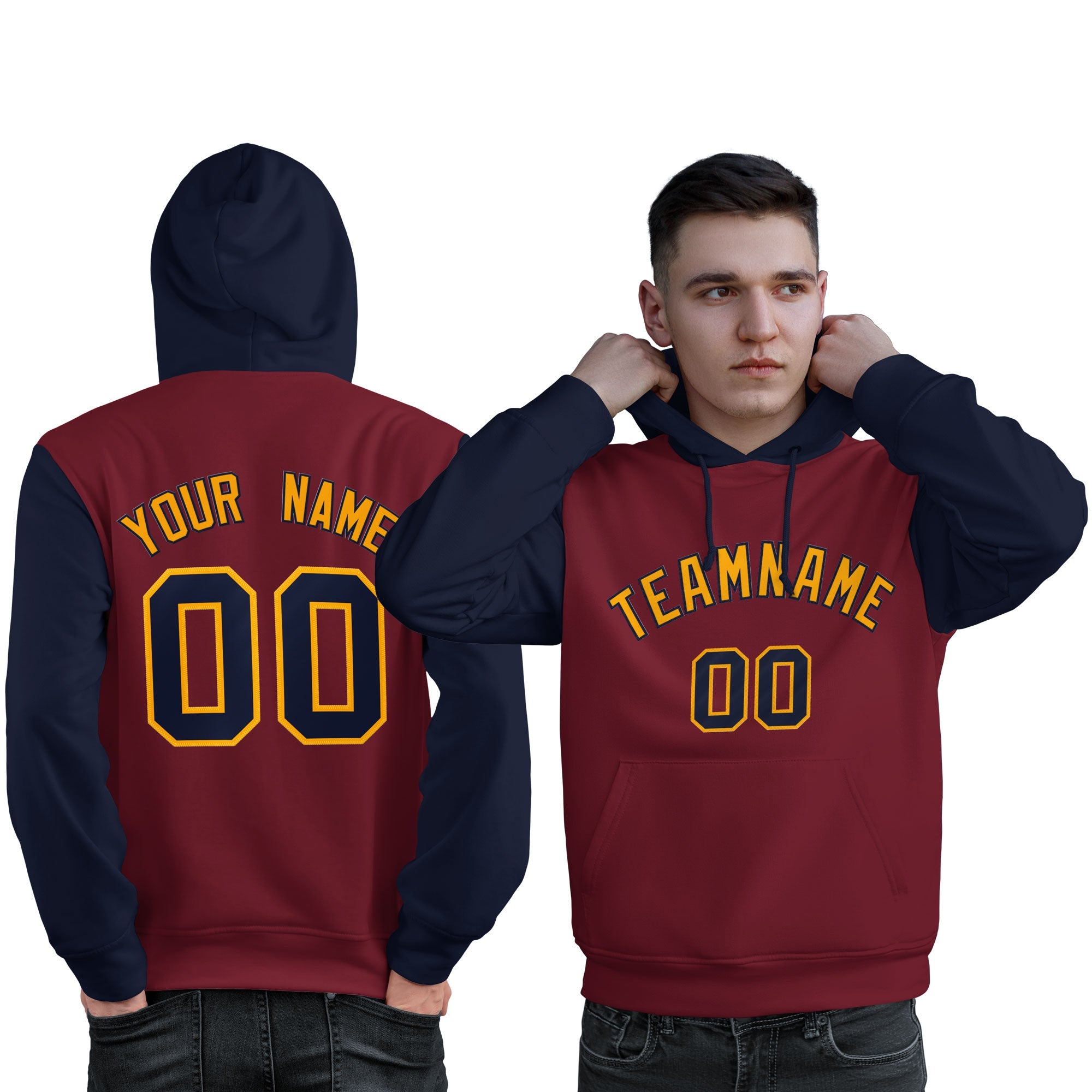 Custom Crimson Gold-Navy Raglan Sleeves Pullover Personalized Sweatshirt Hoodie