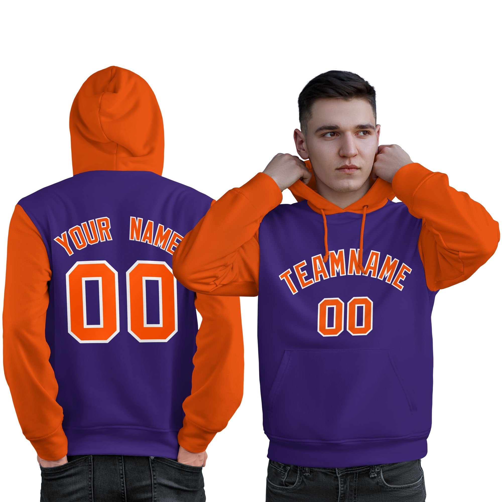 Custom Purple Orange-White Raglan Sleeves Pullover Personalized Sweatshirt Hoodie