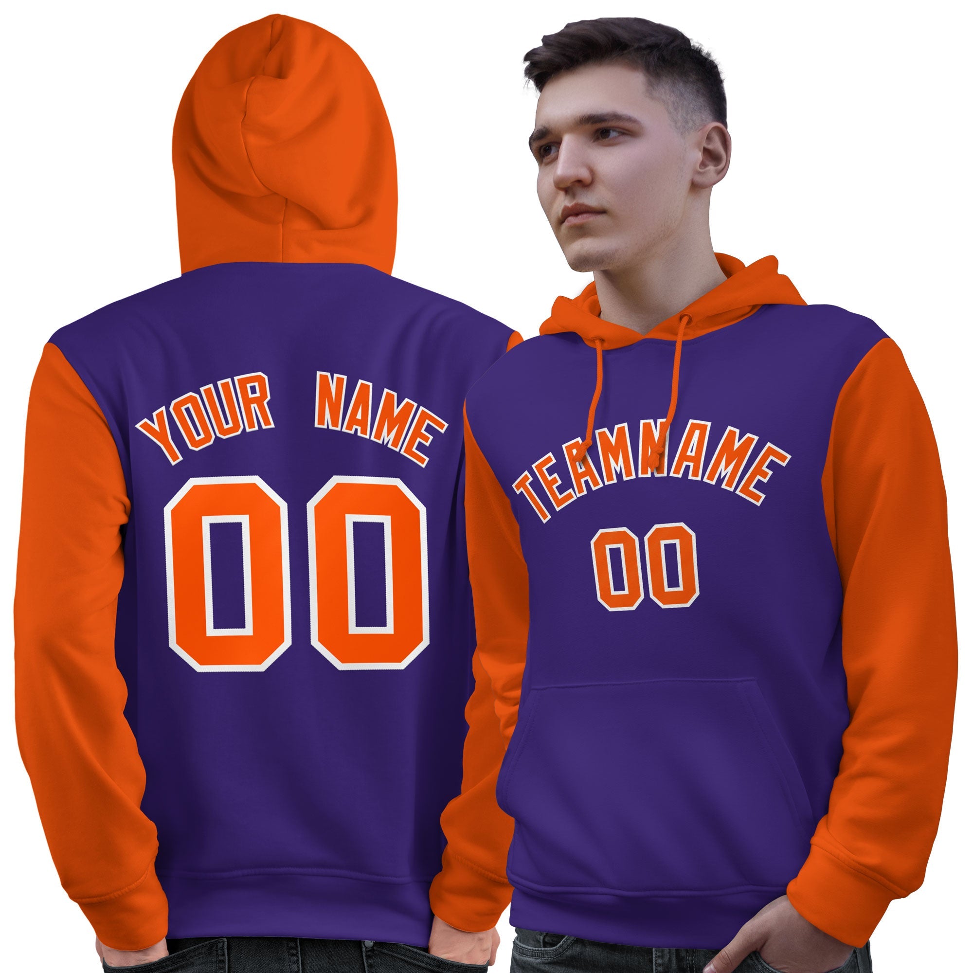 Custom Purple Orange-White Raglan Sleeves Pullover Personalized Sweatshirt Hoodie