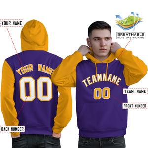 Custom Purple White-Gold Raglan Sleeves Pullover Personalized Sweatshirt Hoodie