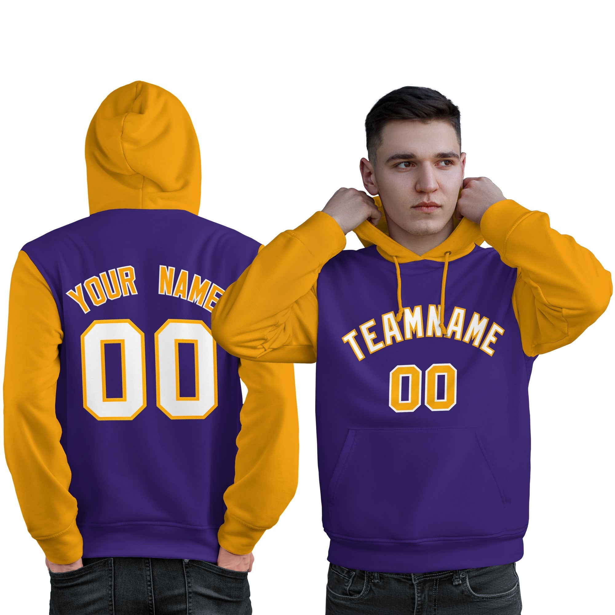 Custom Purple White-Gold Raglan Sleeves Pullover Personalized Sweatshirt Hoodie