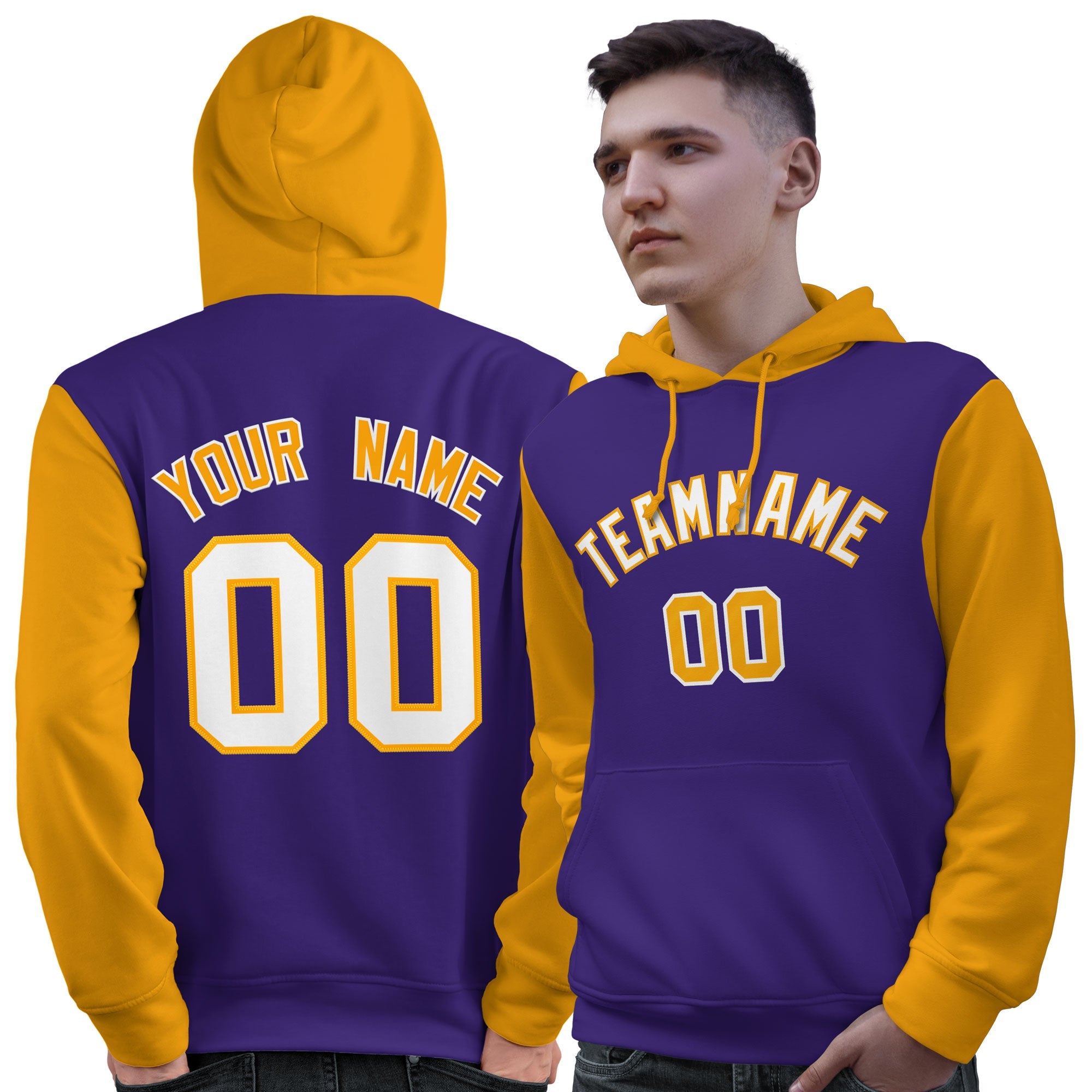 Custom Purple White-Gold Raglan Sleeves Pullover Personalized Sweatshirt Hoodie