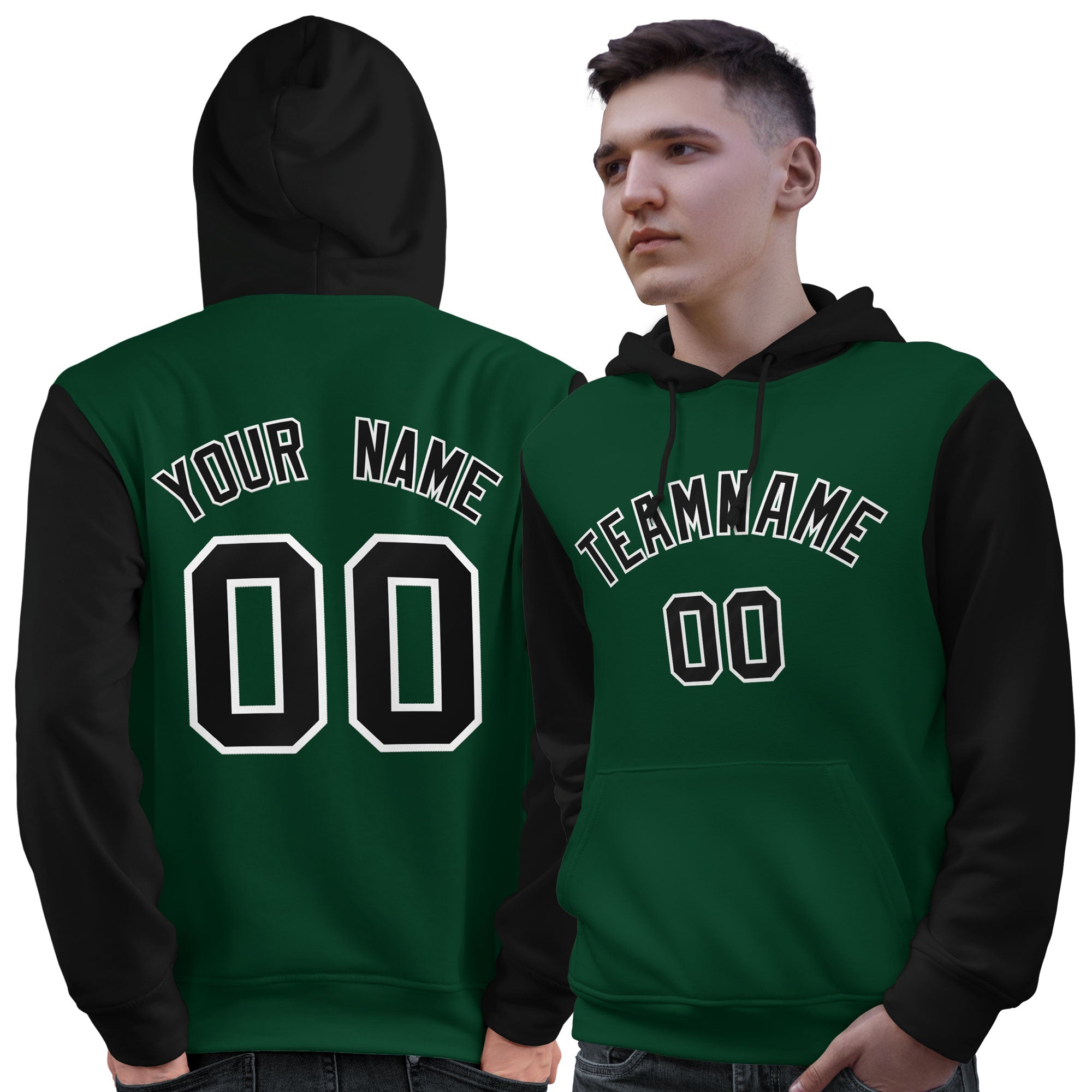 Custom Green Black-White Raglan Sleeves Pullover Personalized Sweatshirt Hoodie