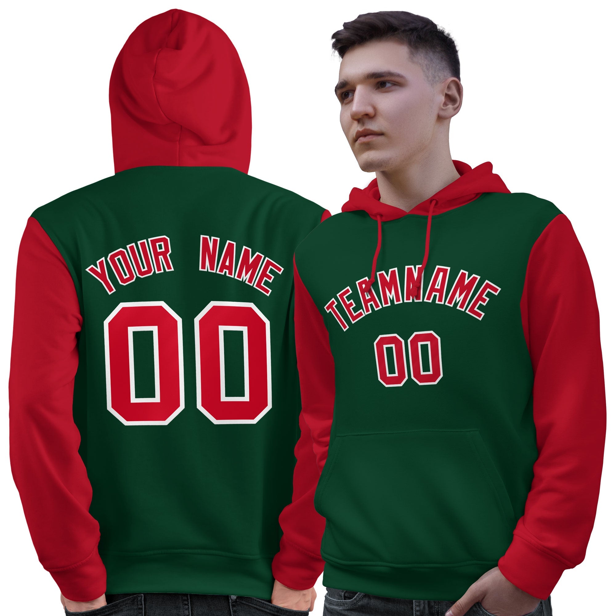 Custom Green Red-White Raglan Sleeves Pullover Personalized Sweatshirt Hoodie