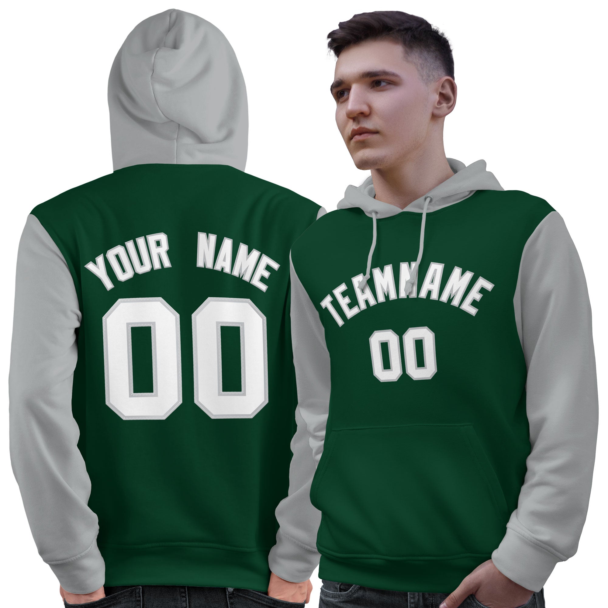 Custom Green White-Gray Raglan Sleeves Pullover Personalized Sweatshirt Hoodie