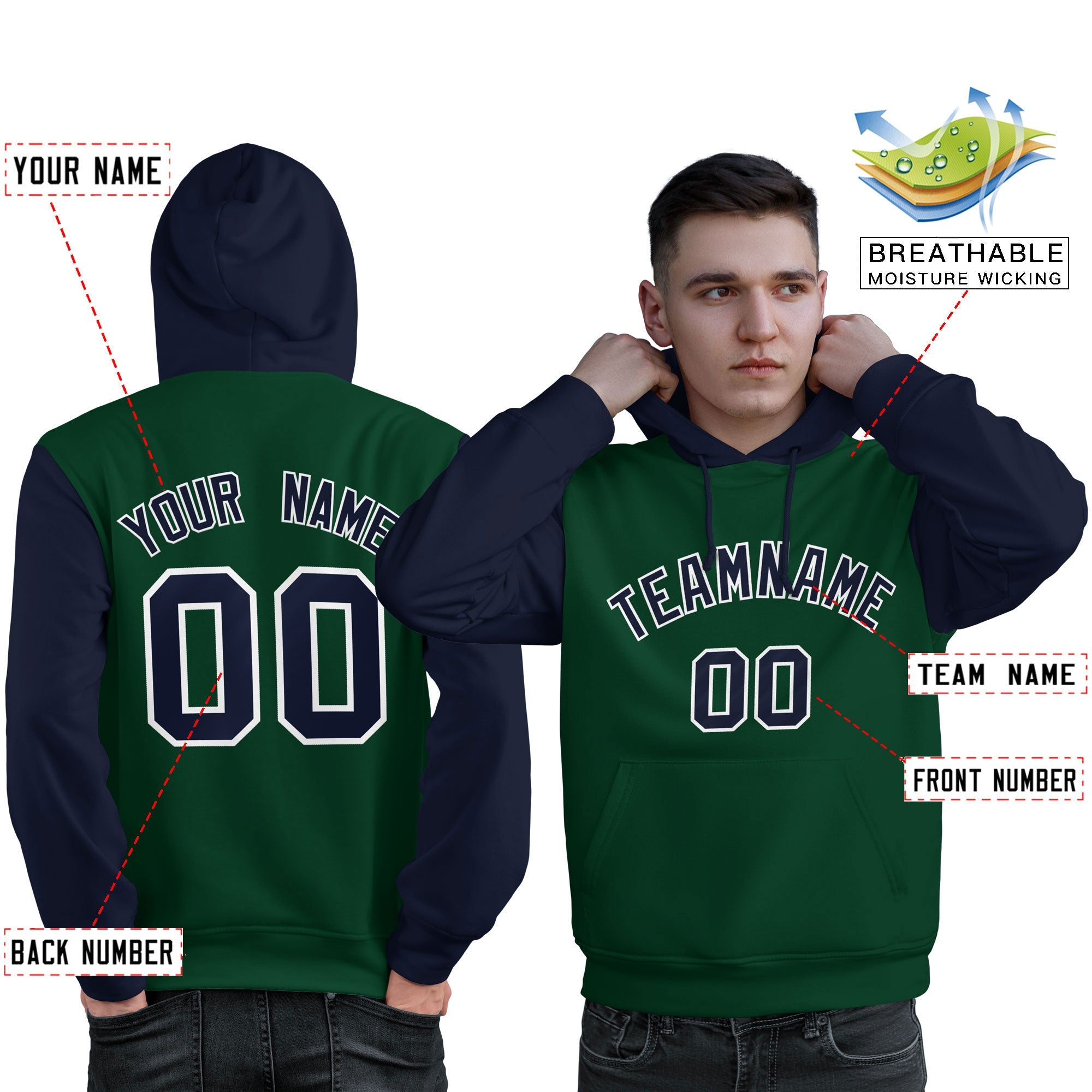 Custom Green Navy-White Raglan Sleeves Pullover Personalized Sweatshirt Hoodie