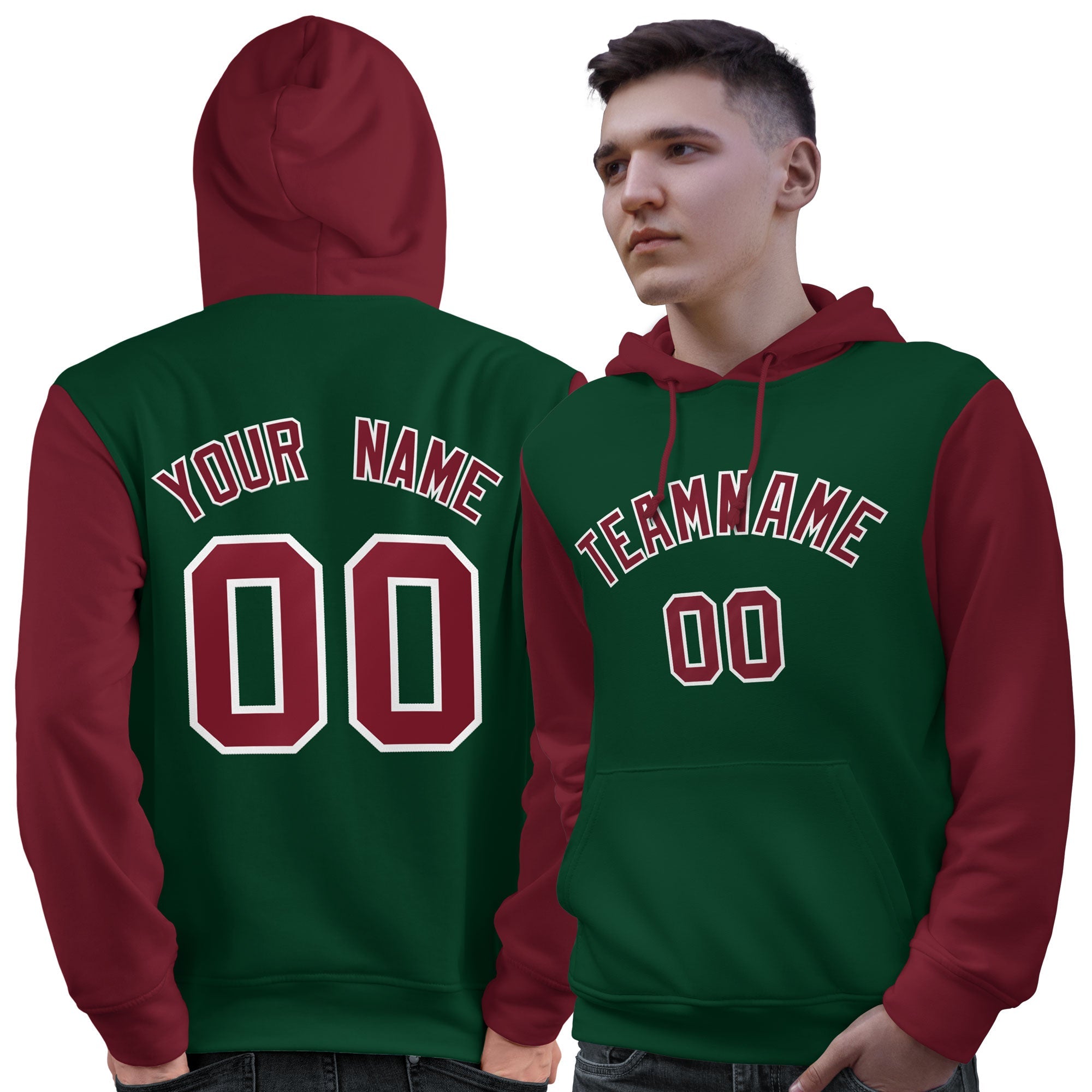 Custom Green Crimson-White Raglan Sleeves Pullover Personalized Sweatshirt Hoodie