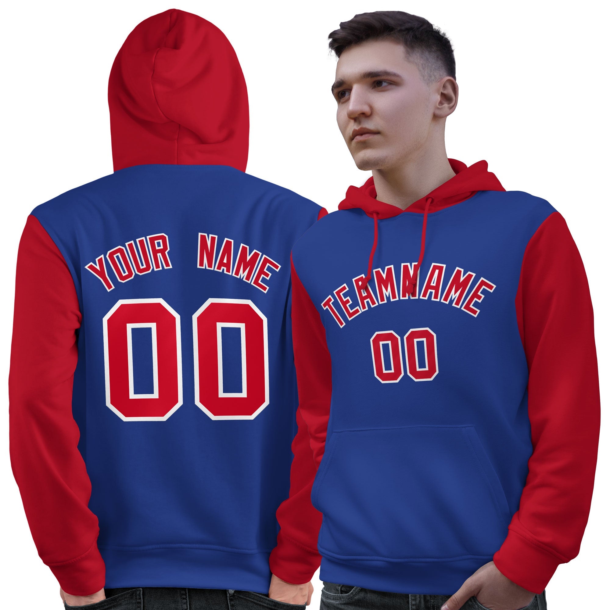 Custom Royal Red-White Raglan Sleeves Pullover Personalized Sweatshirt Hoodie