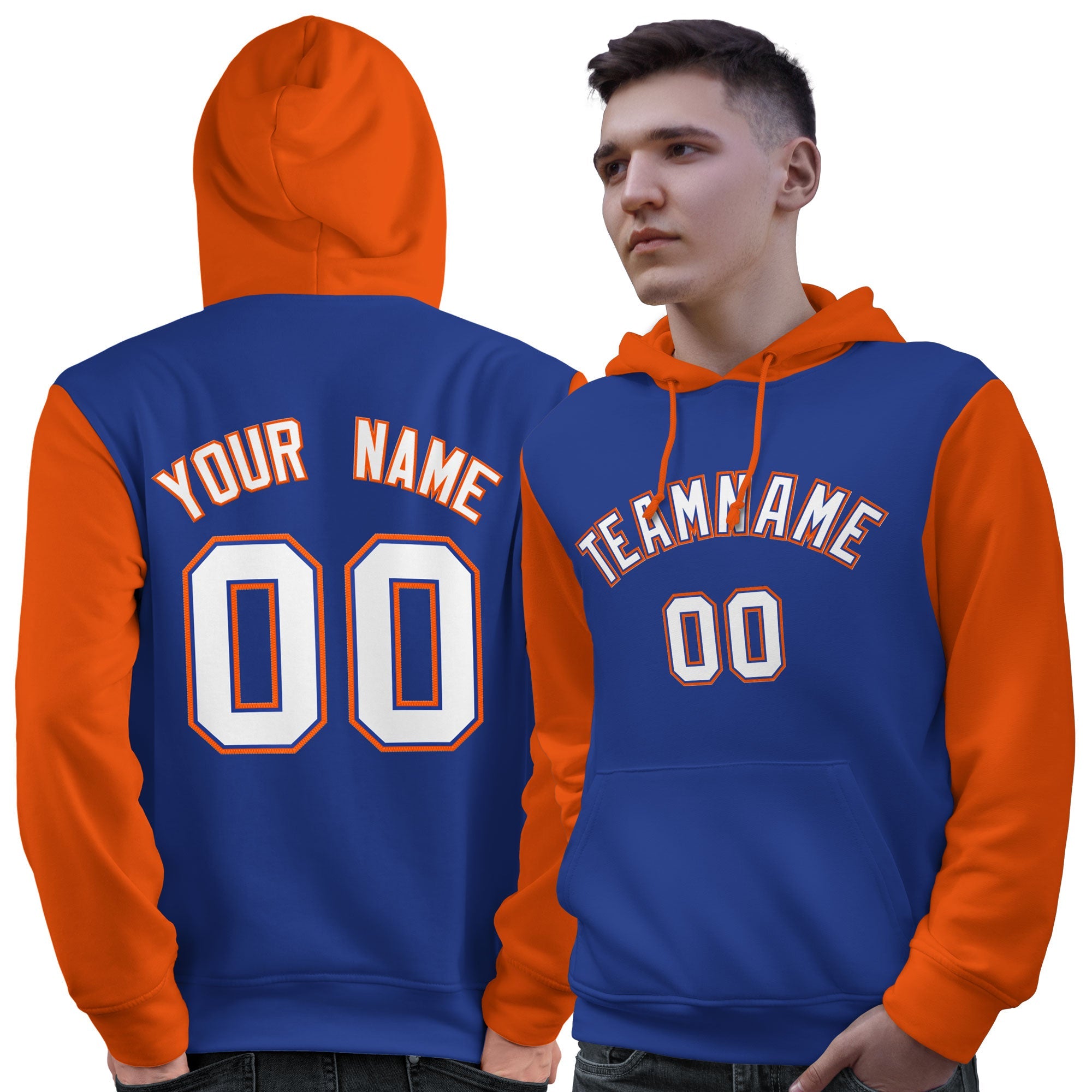 Custom Royal White-Orange Raglan Sleeves Pullover Personalized Sweatshirt Hoodie