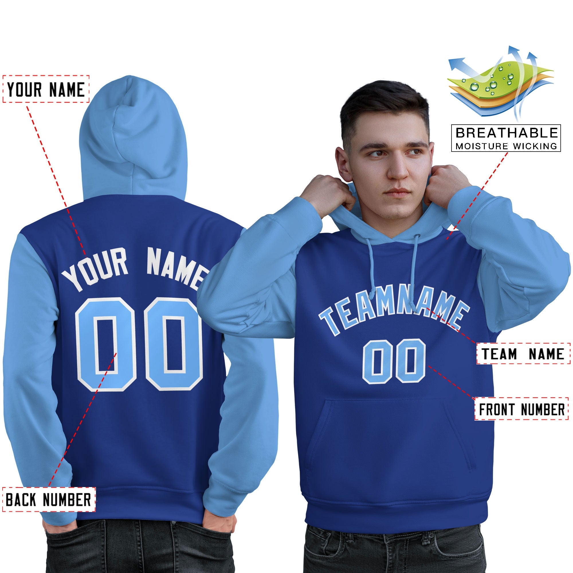 Custom Royal Light Blue-White Raglan Sleeves Pullover Personalized Sweatshirt Hoodie