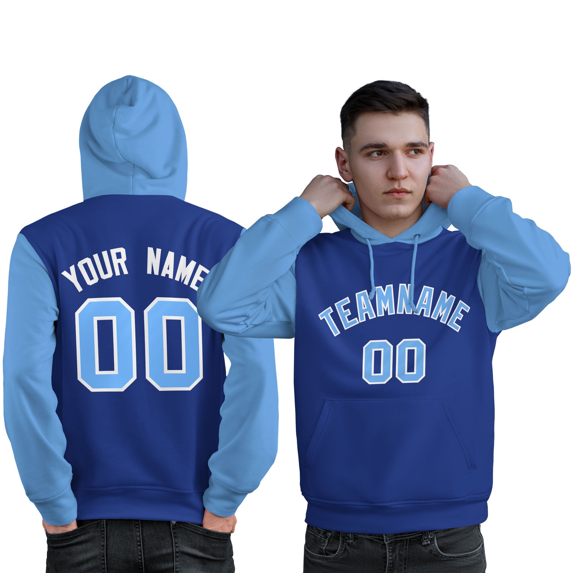 Custom Royal Light Blue-White Raglan Sleeves Pullover Personalized Sweatshirt Hoodie