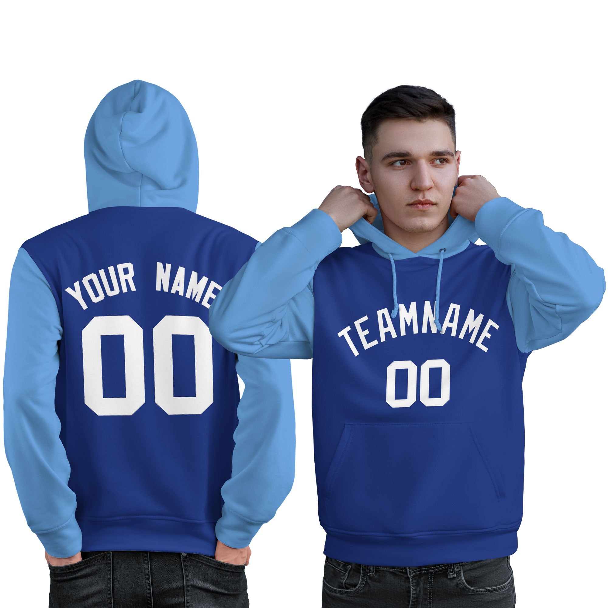 Custom Royal White-Light Blue Raglan Sleeves Pullover Personalized Sweatshirt Hoodie