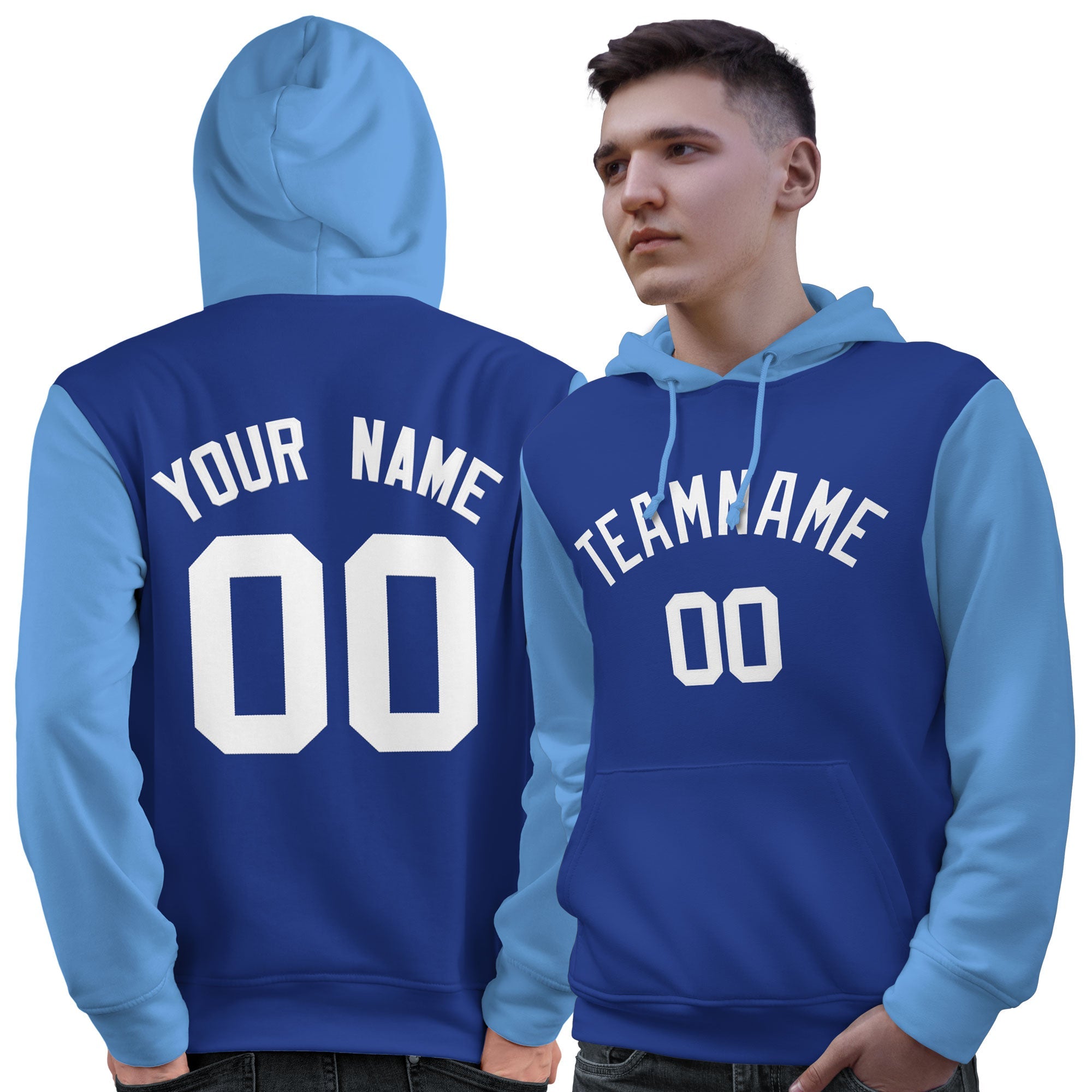 Custom Royal White-Light Blue Raglan Sleeves Pullover Personalized Sweatshirt Hoodie