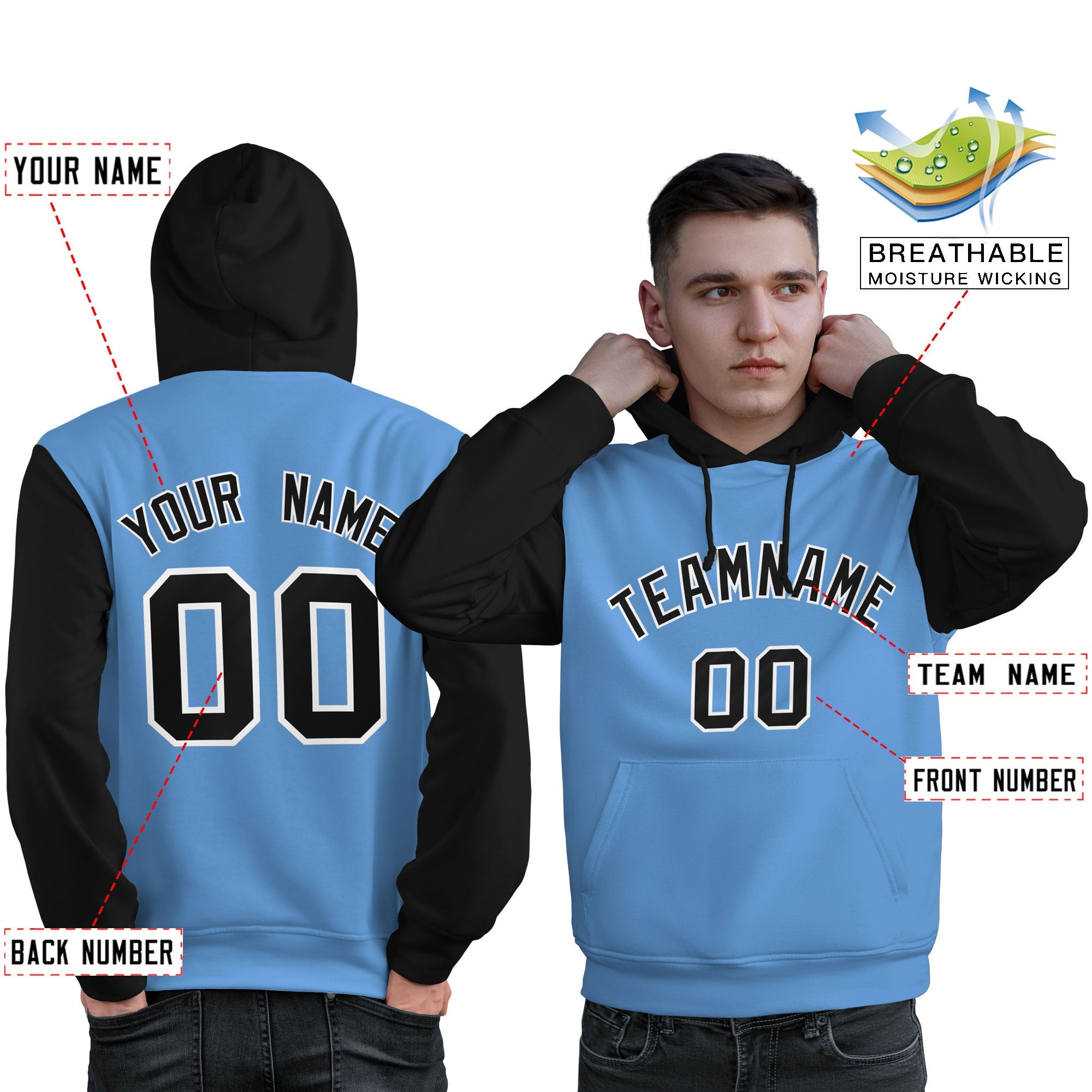 Custom Light Blue Black-White Raglan Sleeves Pullover Personalized Sweatshirt Hoodie