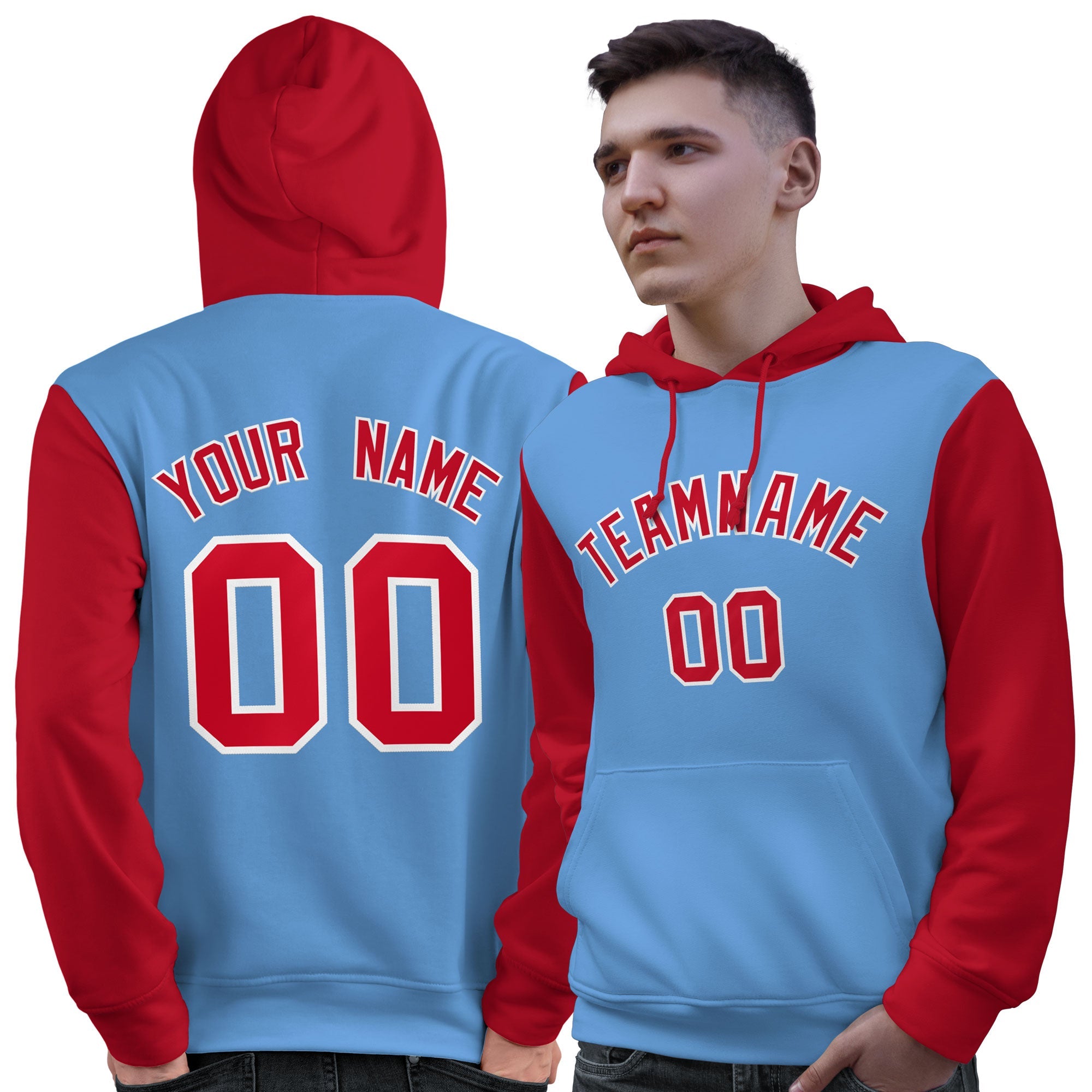 Custom Light Blue Red-White Raglan Sleeves Pullover Personalized Sweatshirt Hoodie