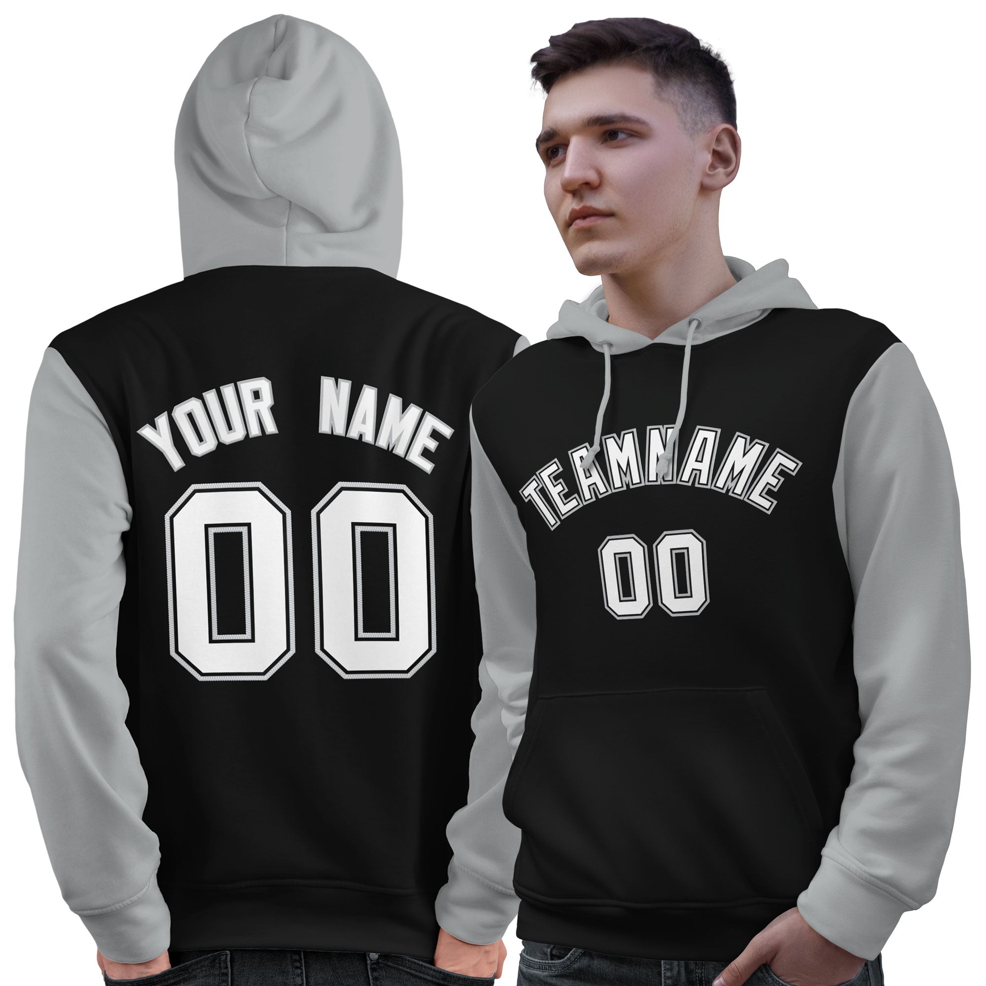 Custom Black White-Gray Raglan Sleeves Pullover Personalized Sweatshirt Hoodie