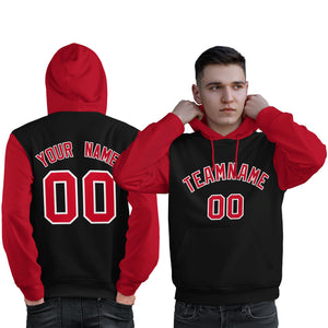 Custom Black Red-White Raglan Sleeves Pullover Personalized Sweatshirt Hoodie