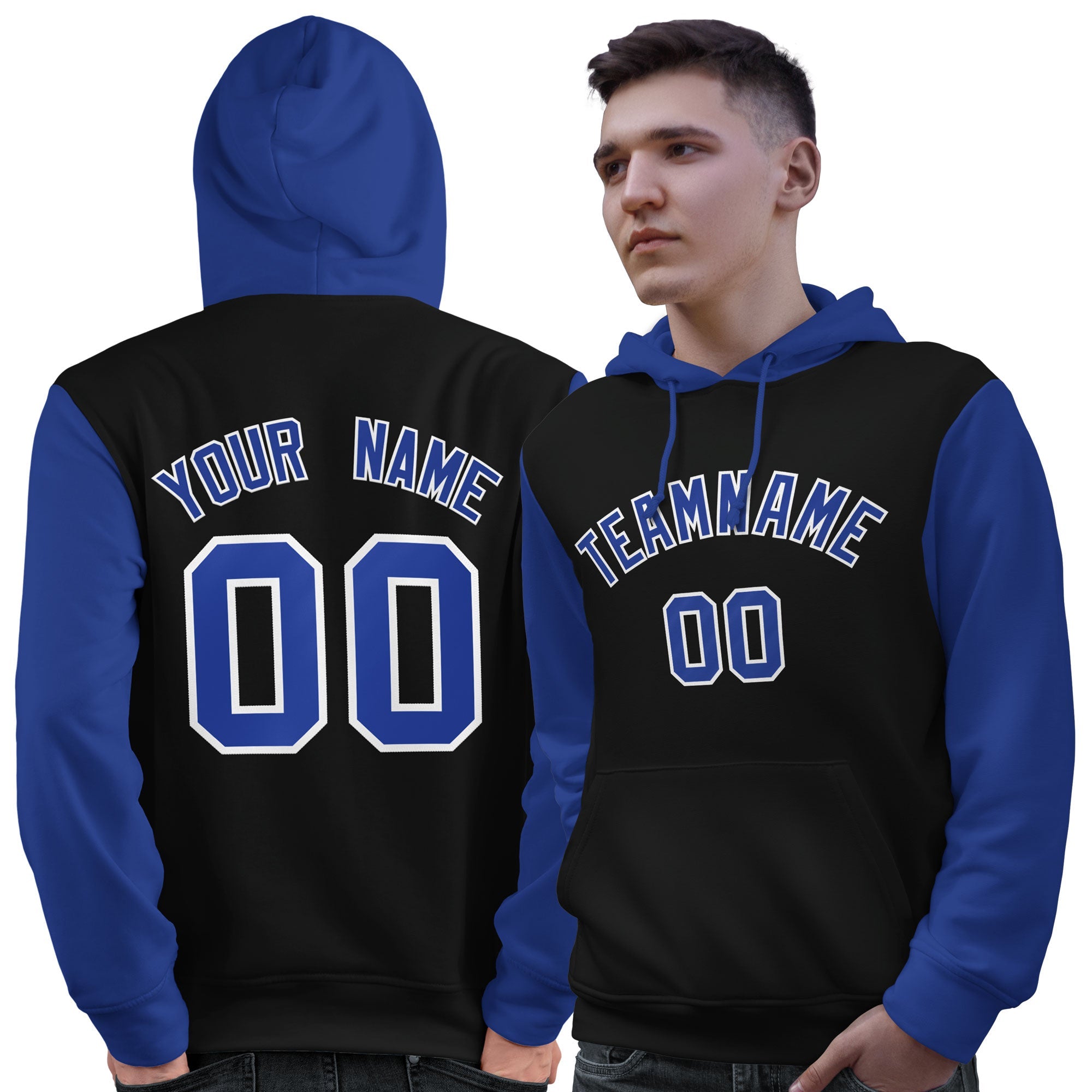 Custom Black Royal-White Raglan Sleeves Pullover Personalized Sweatshirt Hoodie