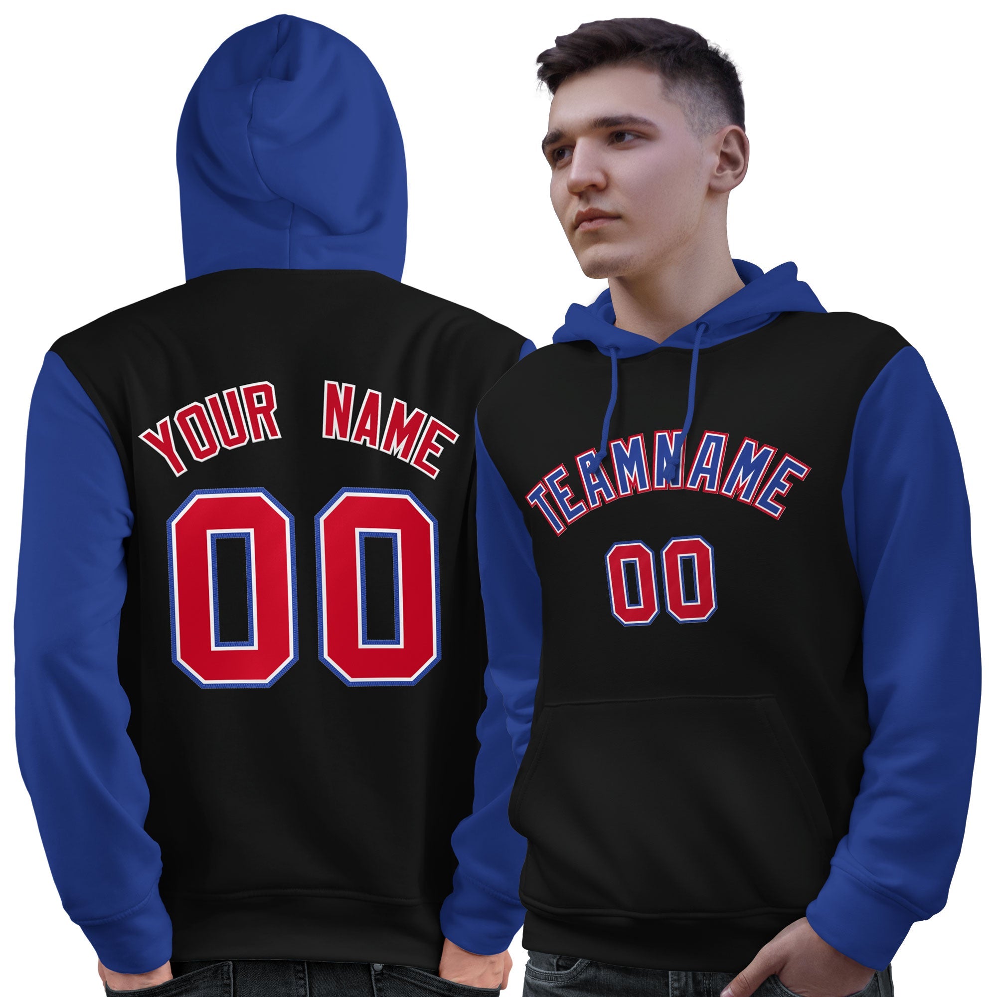 Custom Black Royal-Red Raglan Sleeves Pullover Personalized Sweatshirt Hoodie