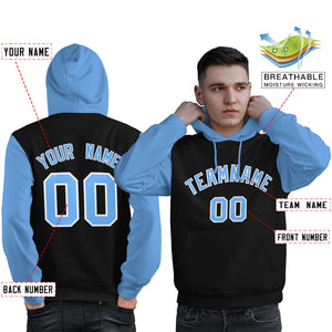 Custom Black Light Blue-White Raglan Sleeves Pullover Personalized Sweatshirt Hoodie