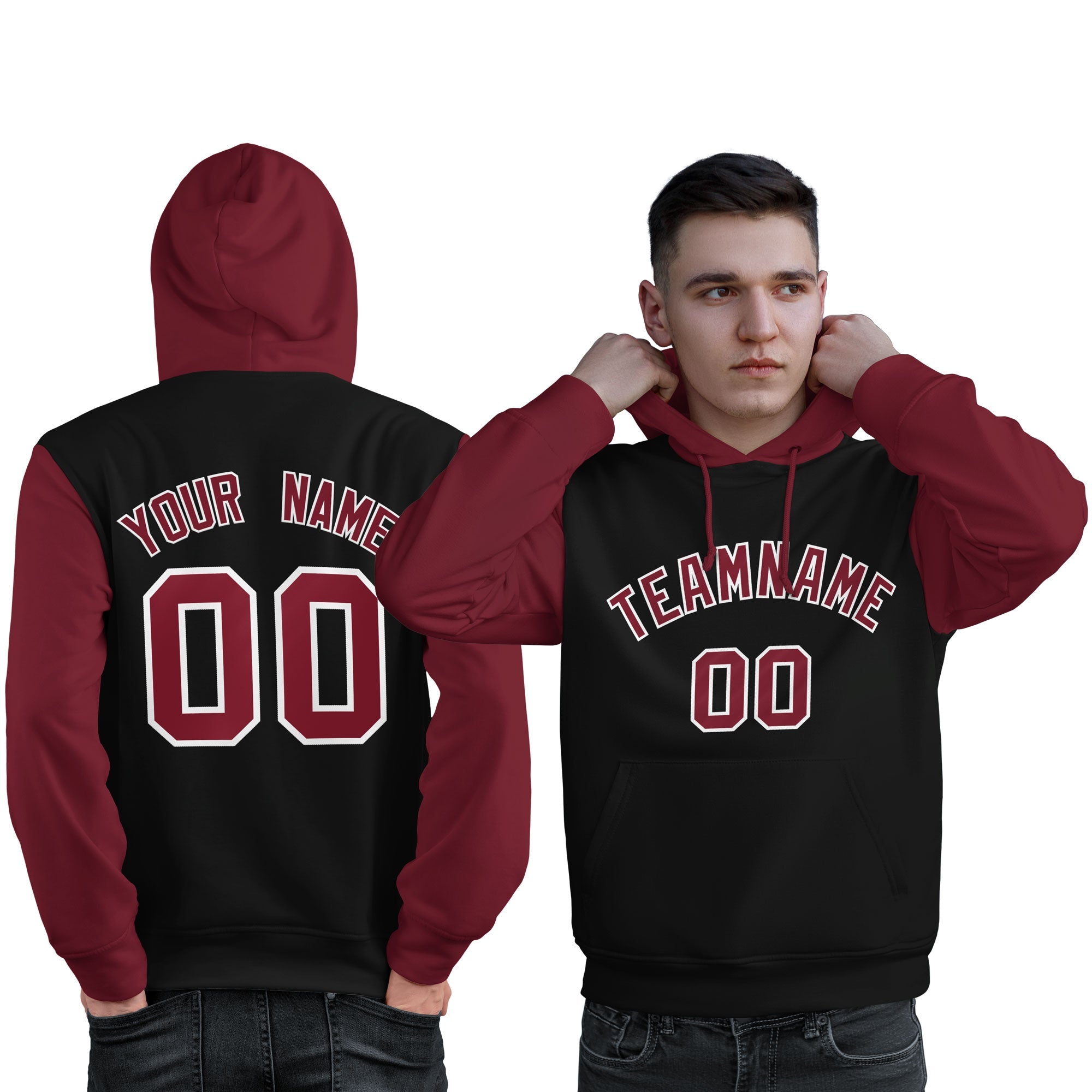 Custom Black Crimson-White Raglan Sleeves Pullover Personalized Sweatshirt Hoodie