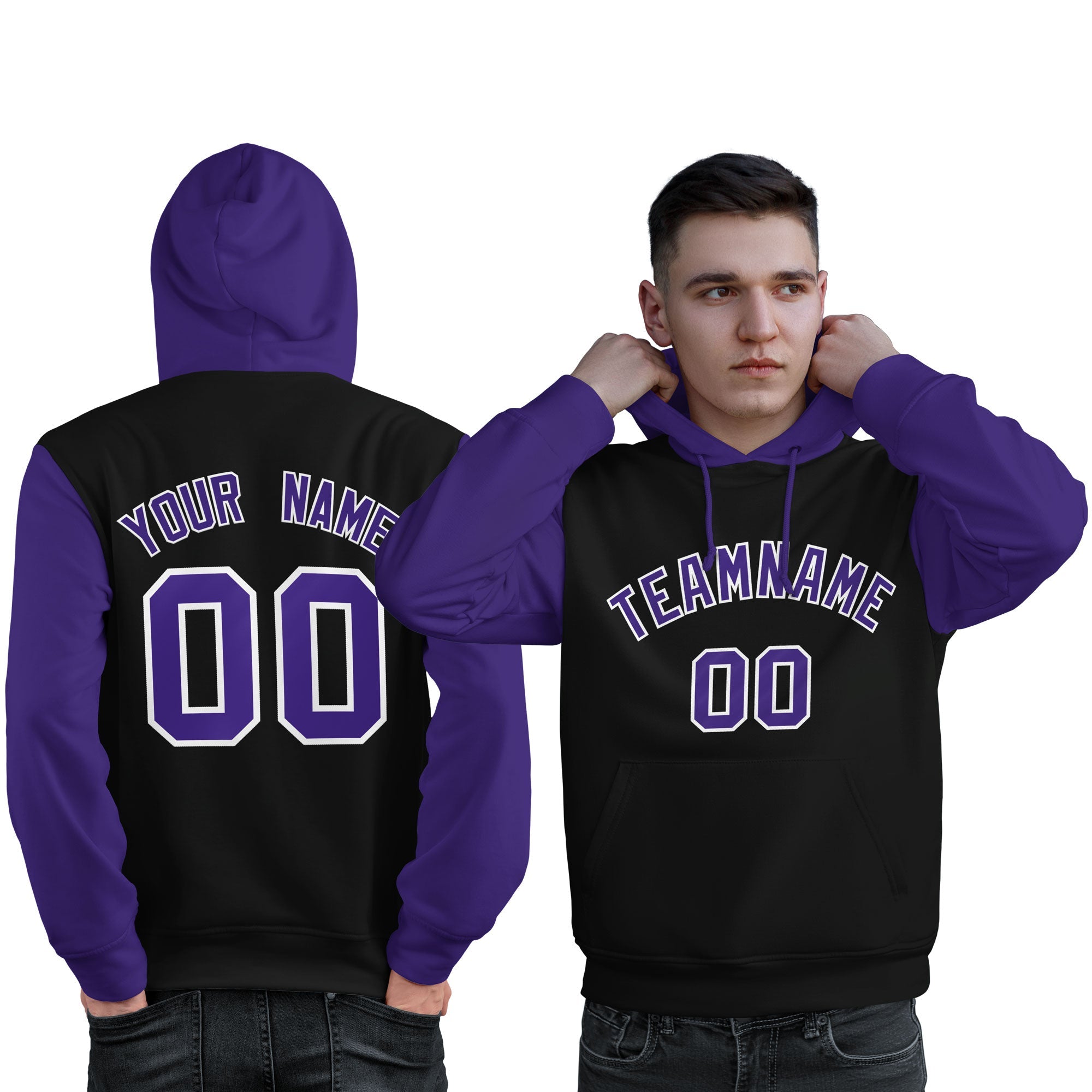 Custom Black Purple-White Raglan Sleeves Pullover Personalized Sweatshirt Hoodie