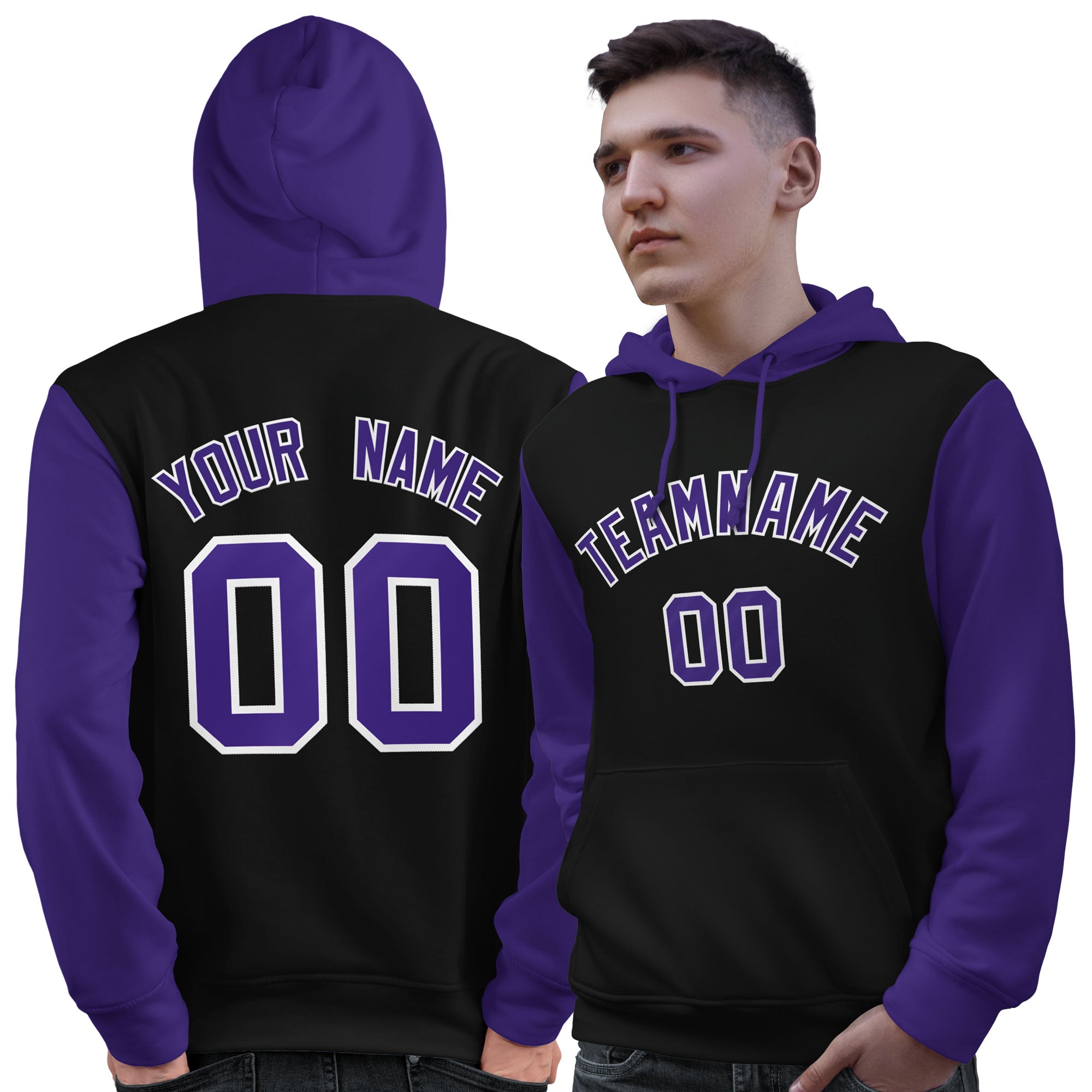 Custom Black Purple-White Raglan Sleeves Pullover Personalized Sweatshirt Hoodie