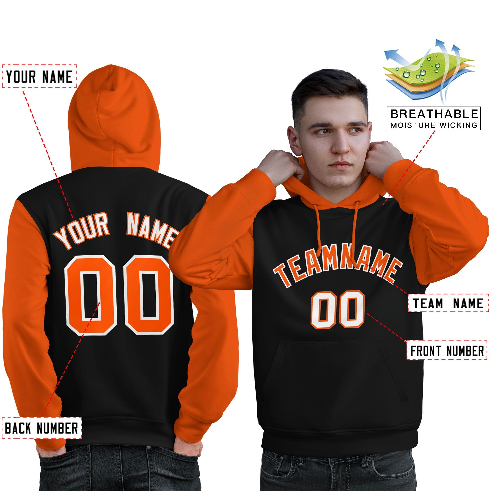 Custom Black Orange-White Raglan Sleeves Pullover Personalized Sweatshirt Hoodie