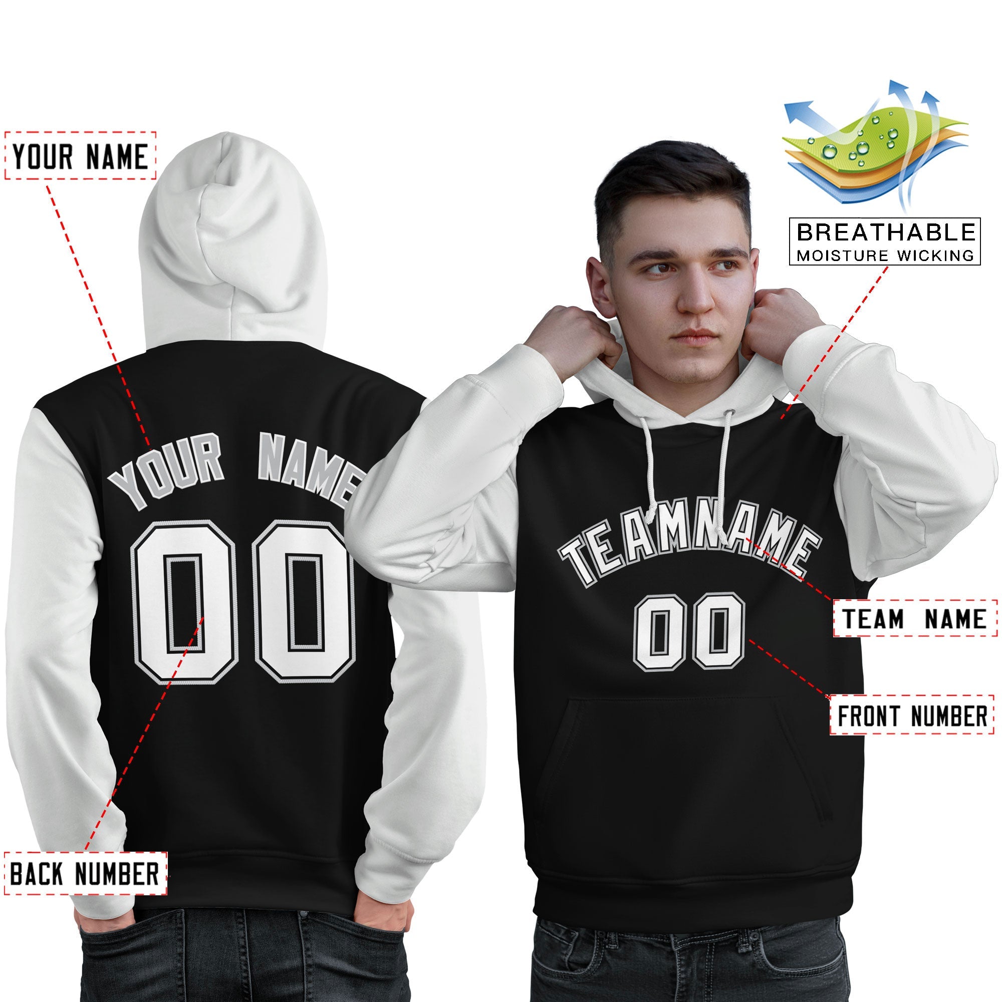 Custom Black White-Gray Raglan Sleeves Pullover Personalized Sweatshirt Hoodie