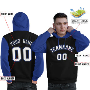 Custom Black White-Royal Raglan Sleeves Pullover Personalized Sweatshirt Hoodie