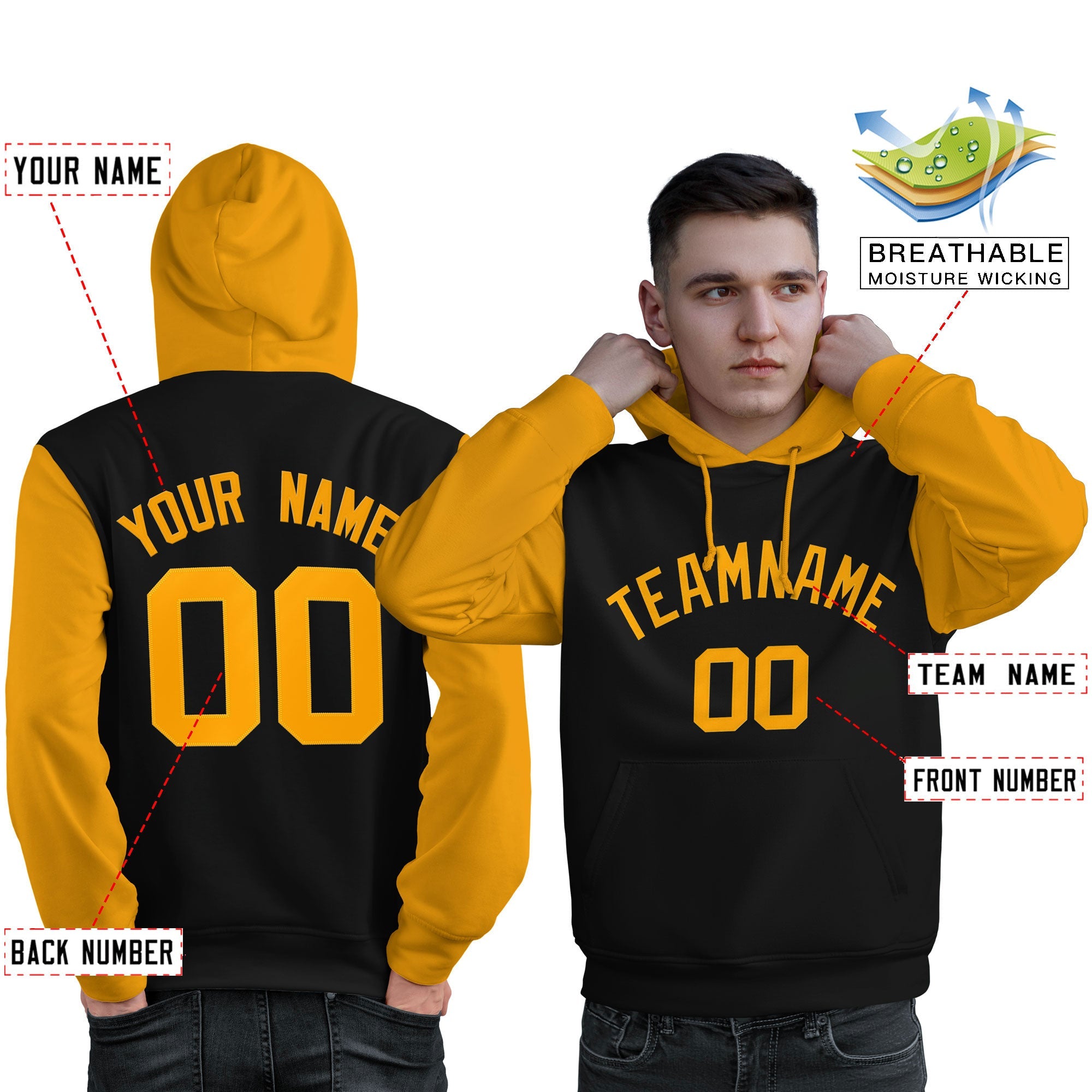 Custom Black Gold Raglan Sleeves Pullover Personalized Sweatshirt Hoodie