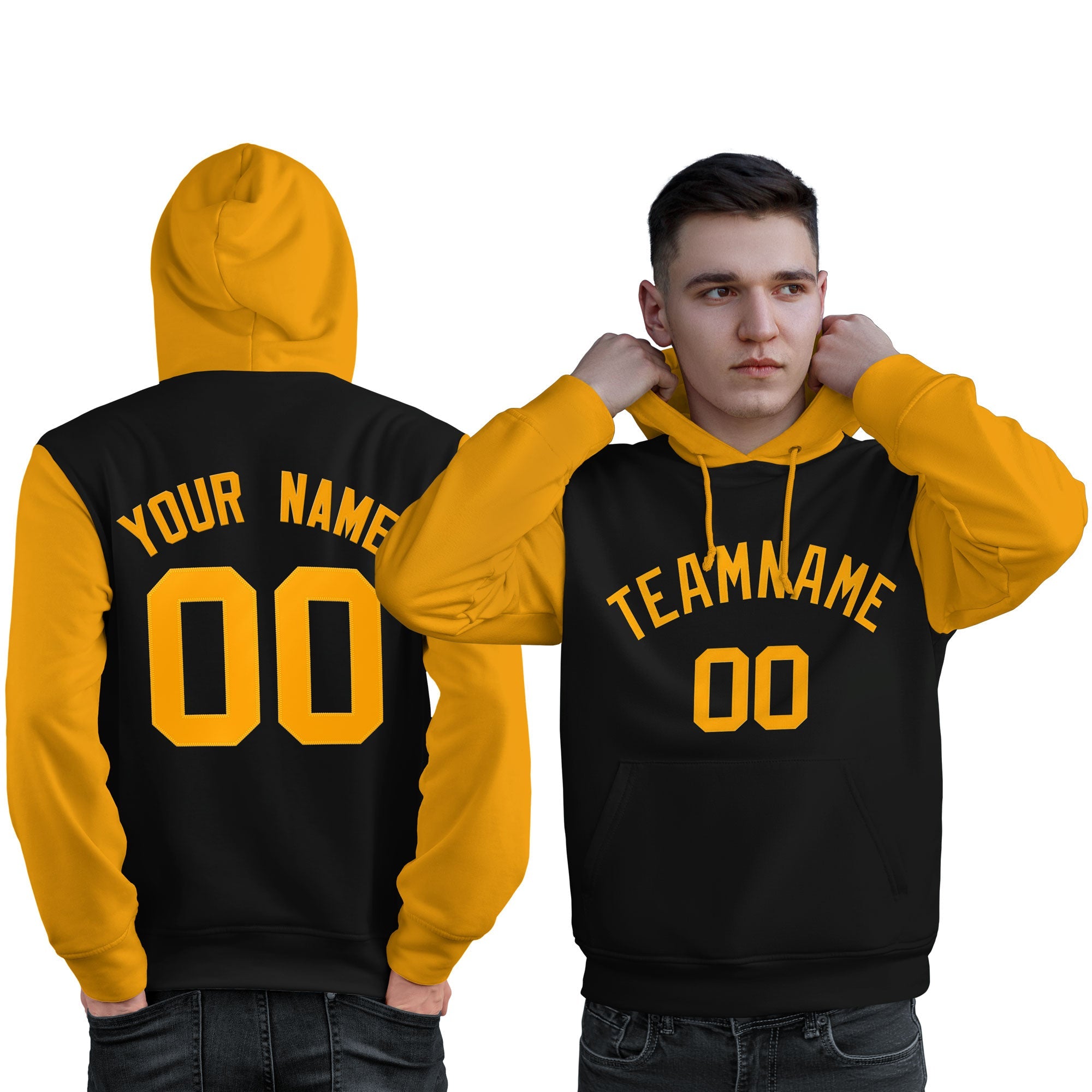 Custom Black Gold Raglan Sleeves Pullover Personalized Sweatshirt Hoodie